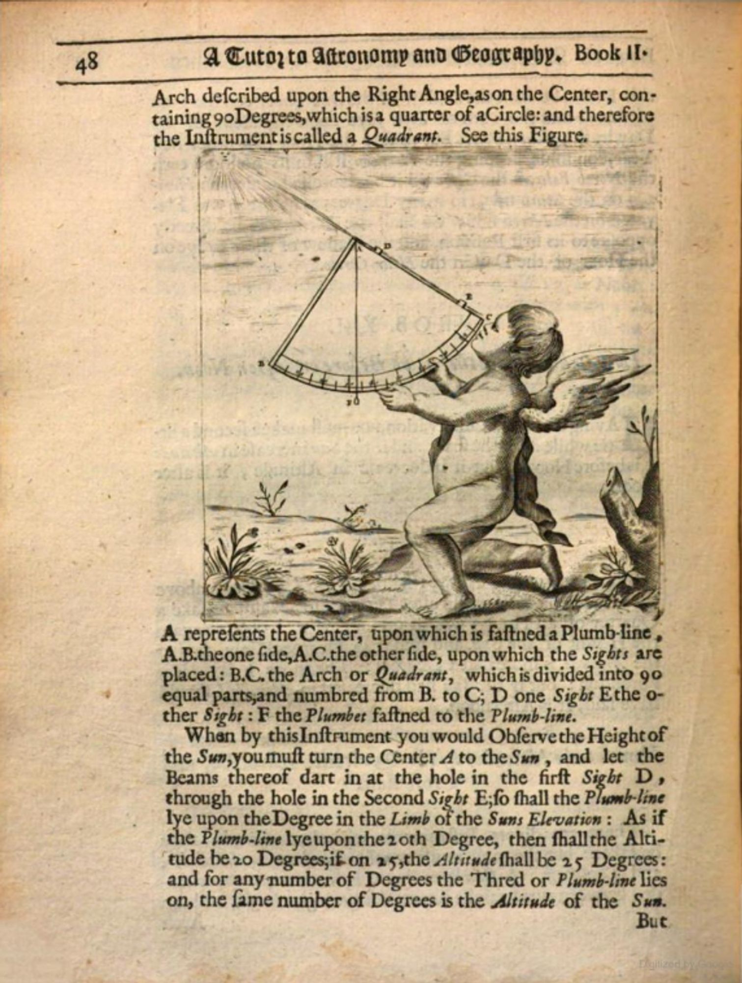 17th century astronomy illustration of a cherub taking an astronomical measurment.