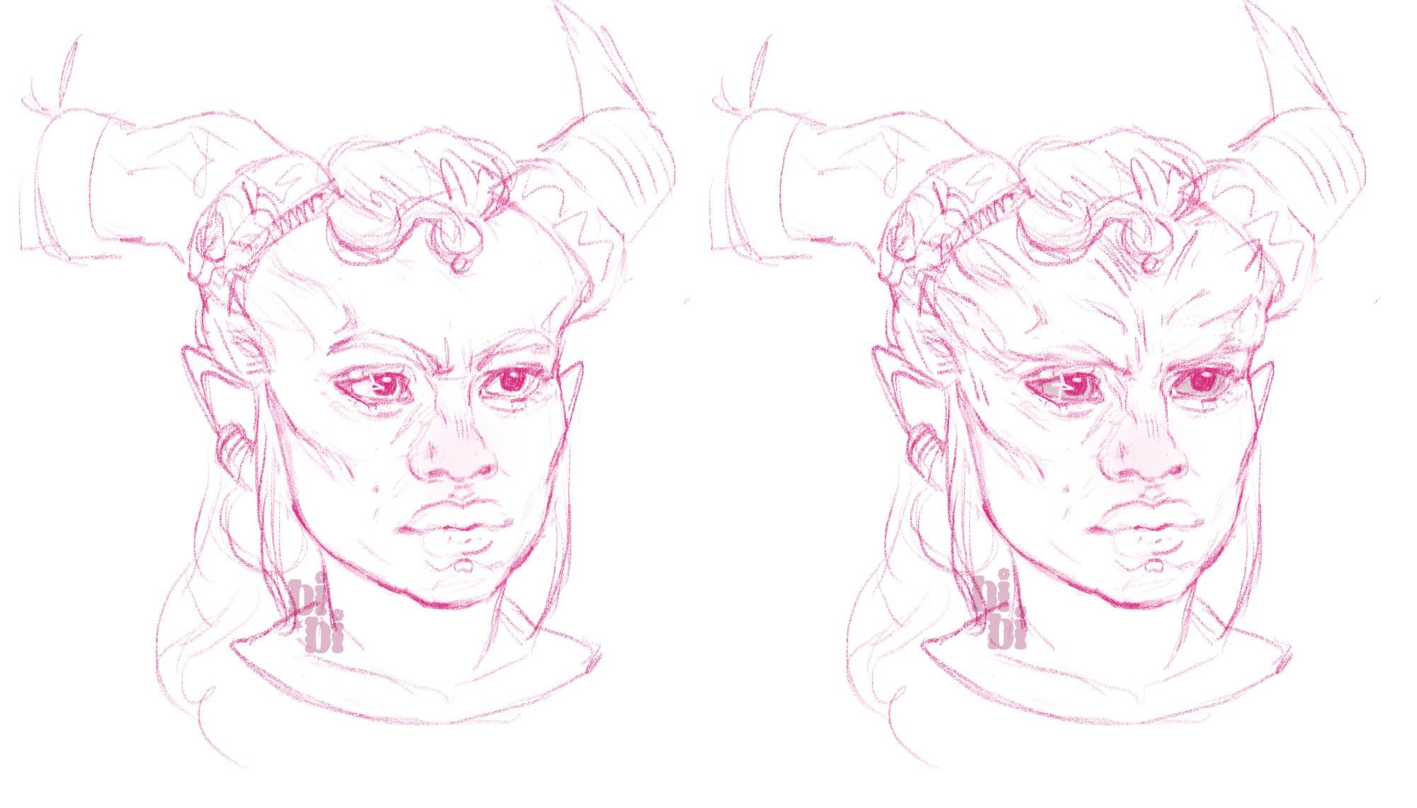 Two sketches of the character Taash from Dragon Age: The Veilguard. On the left she looks similar to her promotional images, while on the left, she resembles the qunari model from Dragon Age 2