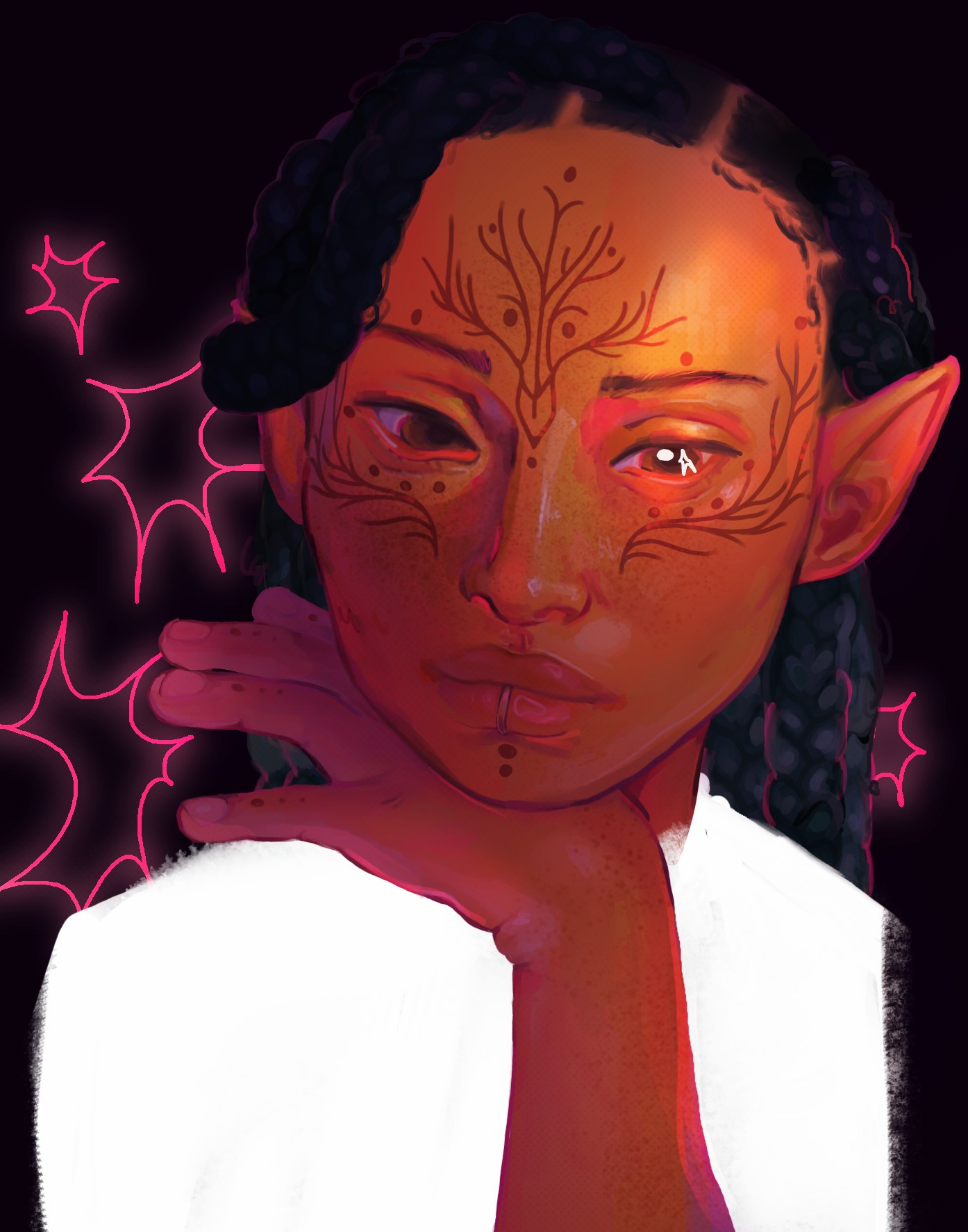 
Digital illustration of original character Nubia Lavellan. The character is portrayed from the chest up against a dark background with pink stars. She's looking down with a thoughtful look, her head is propped up by her left hand.