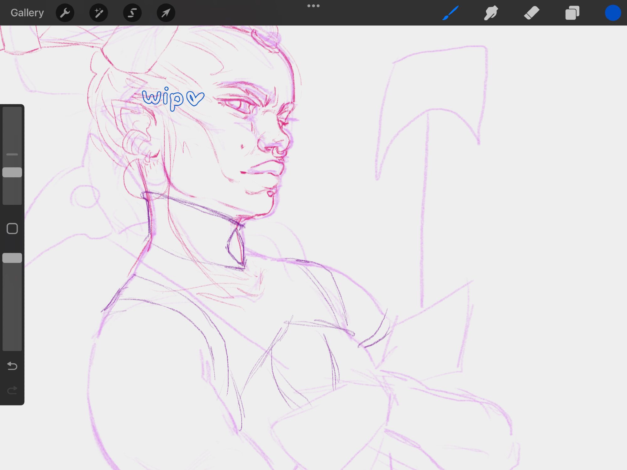 Screenshot of procreate. On the canvas there is a sketch of the character Taash from Dragon Age: The Veilguard.