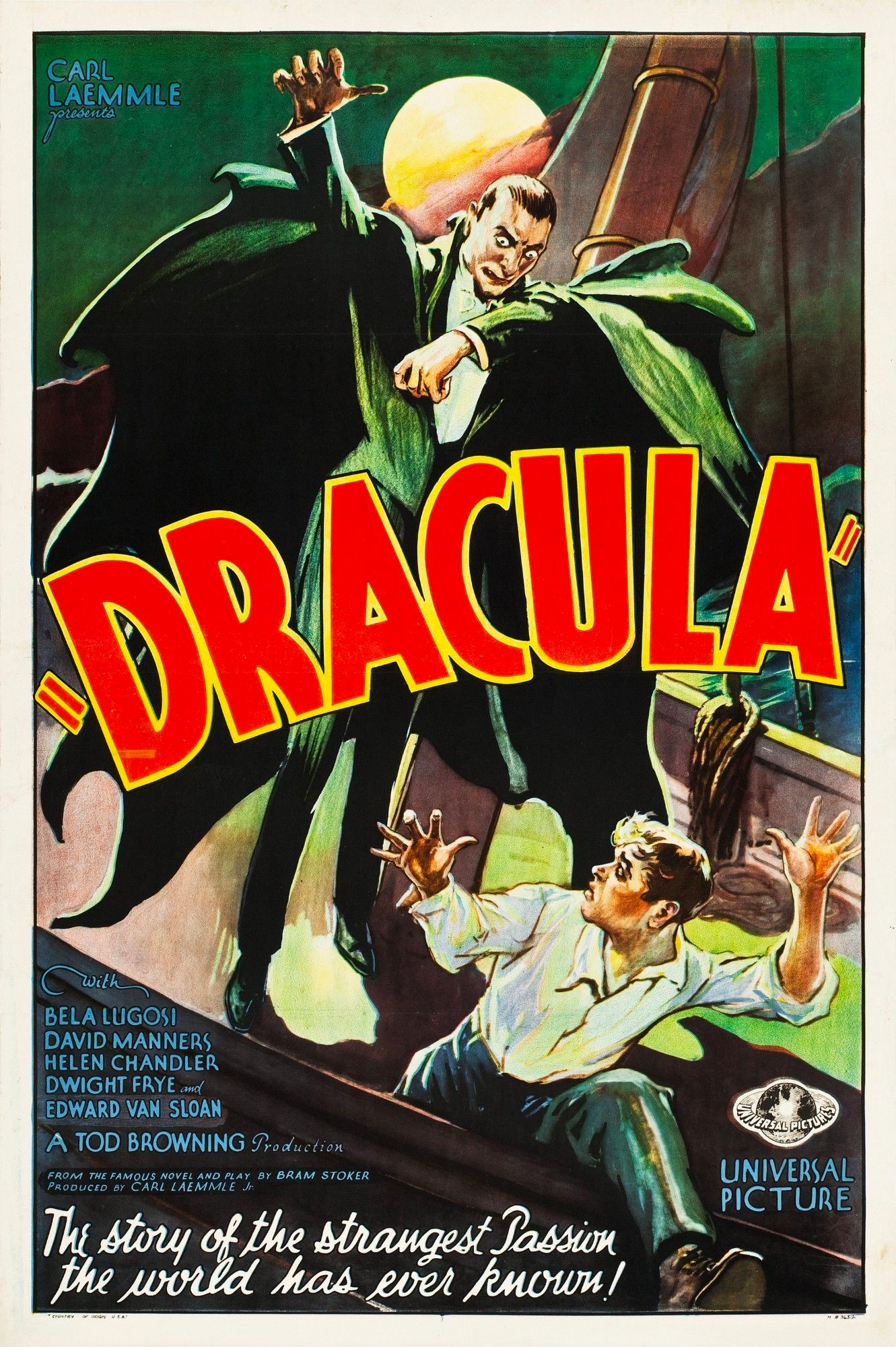 Movie poster for "Dracula" (1931) showing Dracula, in tuxedo and cape, terrorizing a man on a masted ship.