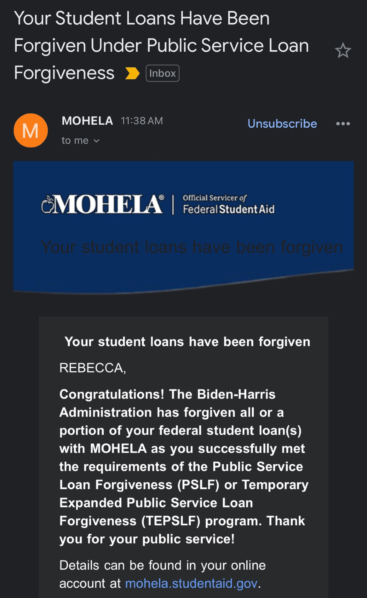 Screenshot of an email that says “Your student loans have been forgiven under Public Service Loan Forgiveness”