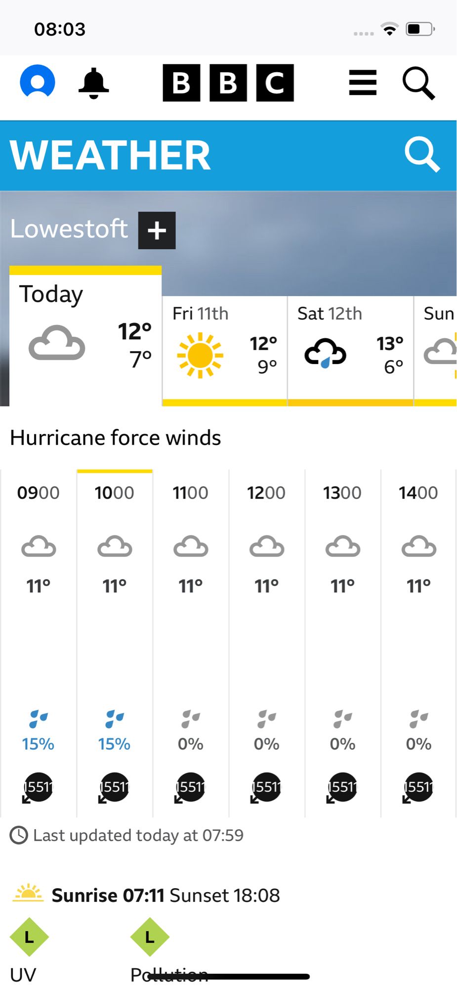 A screenshot from BBC weather indicating hurrricane force winds of 1551mph in … Lowestoft