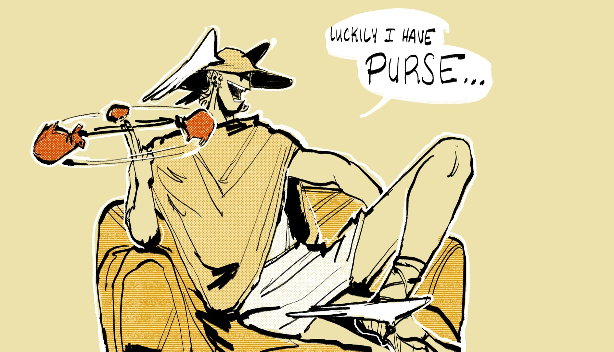 Hermes swinging around a coin purse. Text reads: "Luckily I have purse..."