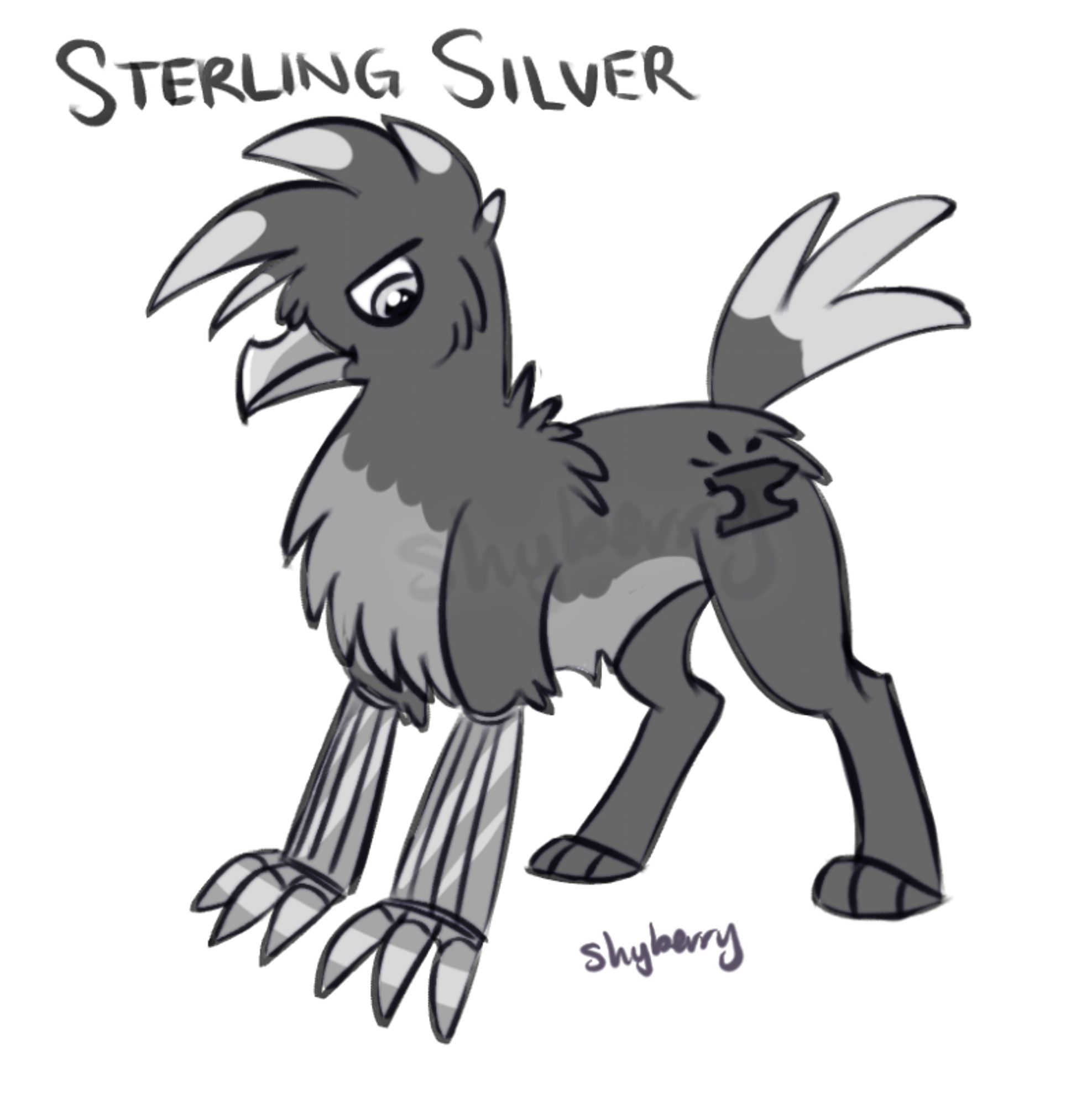 A doodle of Sterling Silver, a MLP fan OC who is a griffin. 

Abandoned after he hatched for his mutations, Sterling Silver grew up in an orphanage- until some kind ponies who looked past his differences adopted him, giving him a new pony name and family. He even earned his very own cutie mark (carefully stenciling it on each flank every few weeks, it is a point of pride and a sign that he belongs.) Sterling became a very skilled blacksmith and engineer, even fashioning his own custom mechanical arms. He owns the armory in Radiant Haven, and is very friendly once you get to know him despite his gruff appearance. Though his adoptive parents and grandmother were lost in a radiation storm a few years ago, he is close with his grandfather, Silver Scroll, and sister Silver Shine.