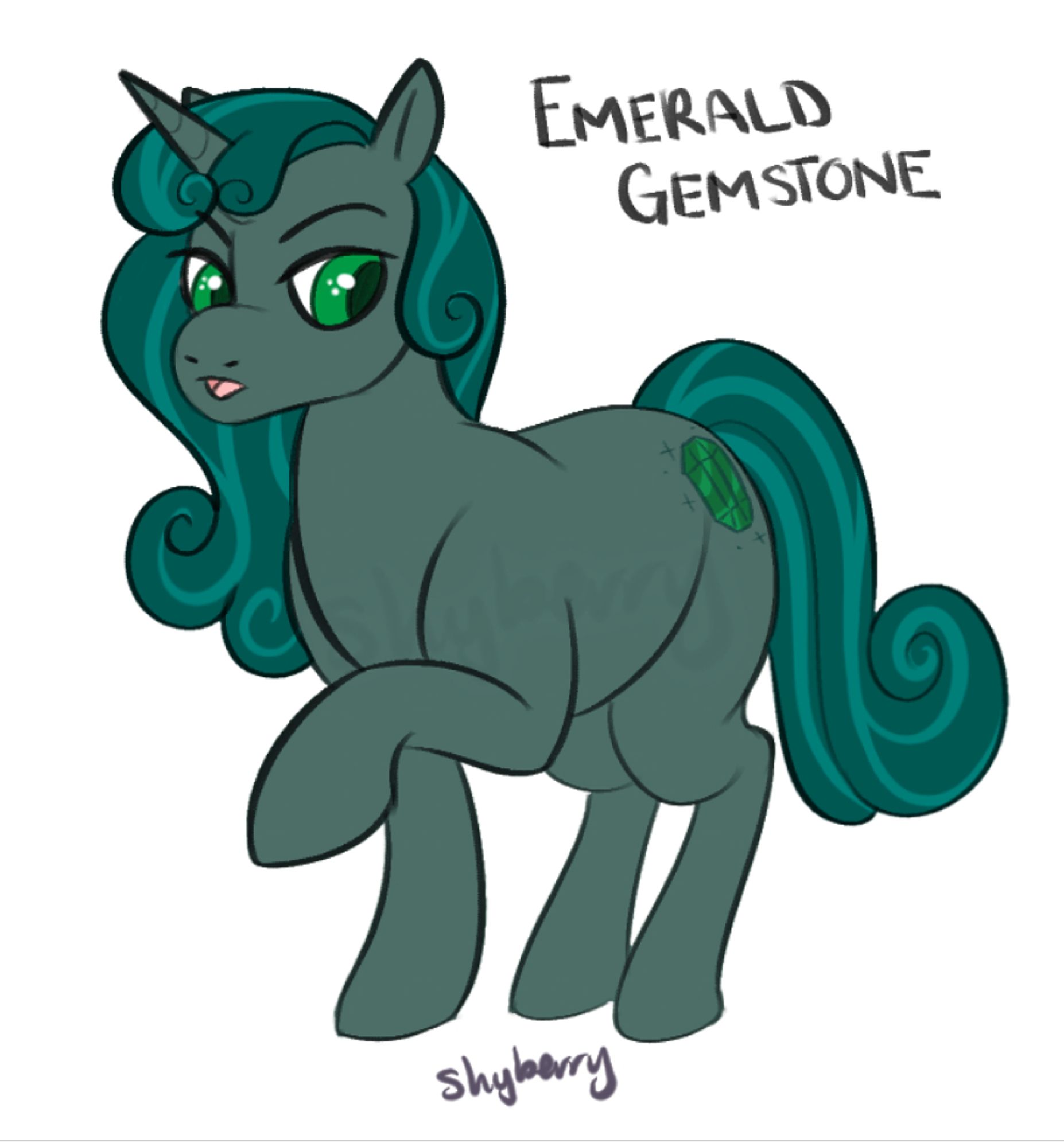 A sketch of my MLP fan OC, Emeald Gemstone.
Emerald Gemstone may be a miner pony, but she has a taste for the finer things in life- though not for herself. She works hard to find rare jewels deep in the earth, to bring home to her beloved and talented wife, Ruby. Together they run a successful jewelry-making business in Radiant Haven.