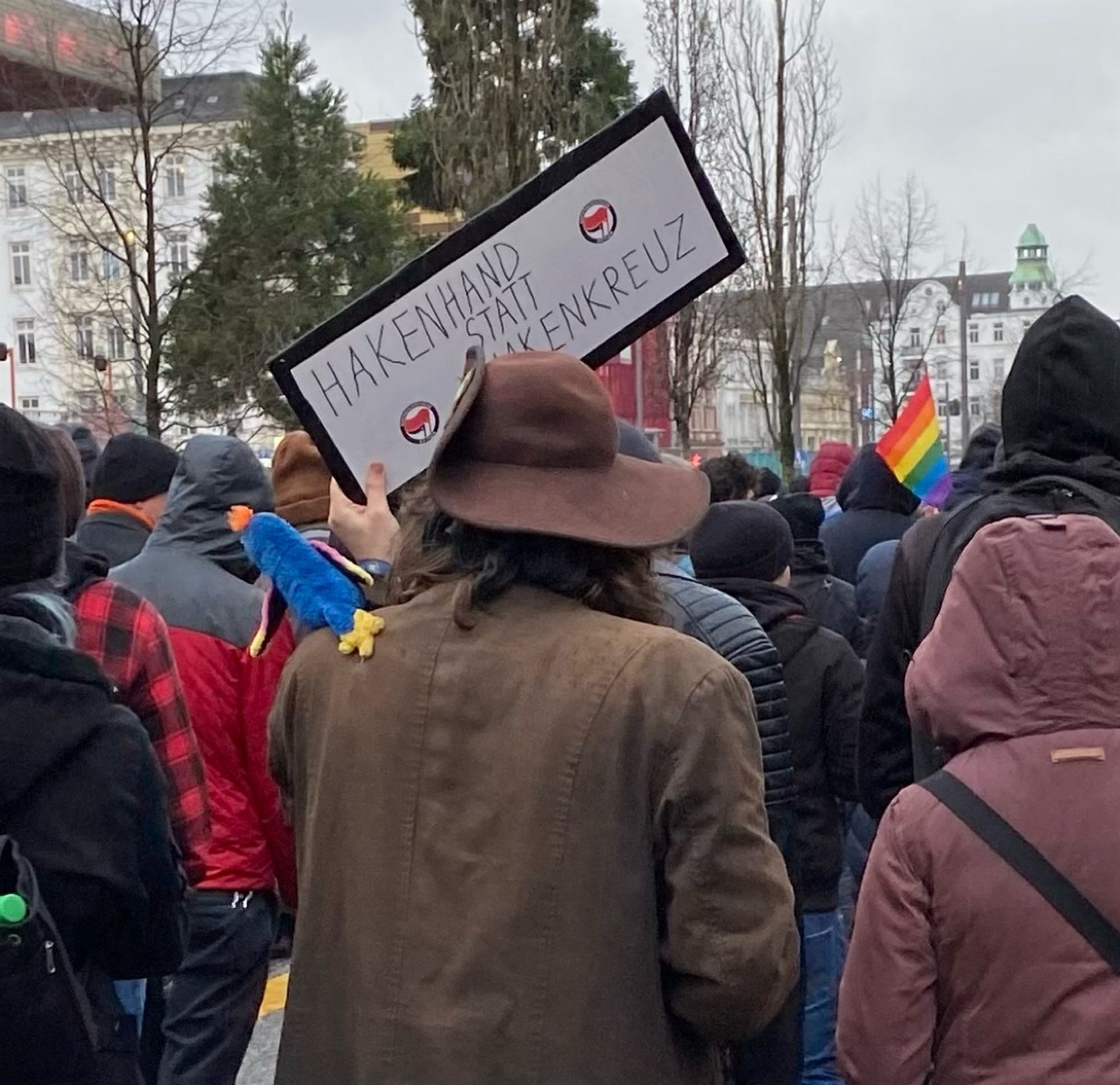 Ein als Pirat verkleideter Dude, mit Plüsch-Papagei auf der Schulter und einem Schild mit dem Spruch „Hakenhand statt Hakenkreuz“.