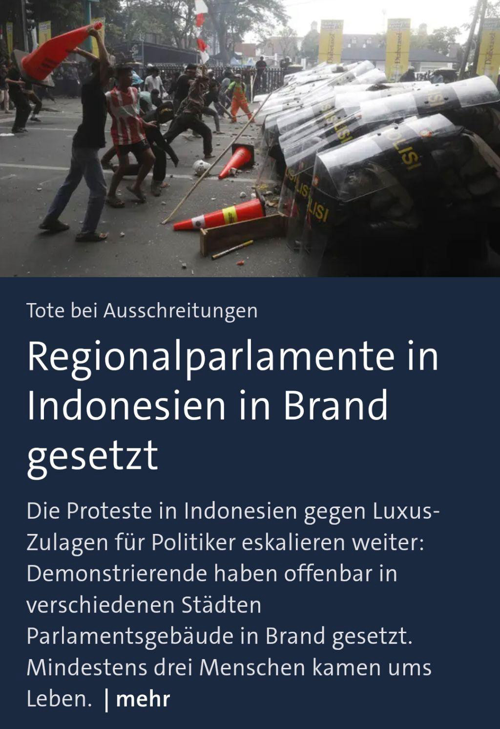 Screenshot 

Man sieht auf der rechten Seite Polizisten die sich unter Schilden verstecken und links Demonstranten die mit Gegenständen auf sie einprügeln.
Darunter der Text: 

Regionalparlamente in Indonesien in Brand gesetzt
Die Proteste in Indonesien gegen Luxus-Zulagen für Politiker eskalieren weiter:
Demonstrierende haben offenbar in verschiedenen Städten
Parlamentsgebäude in Brand gesetzt.
Mindestens drei Menschen kamen ums Leben. mehr