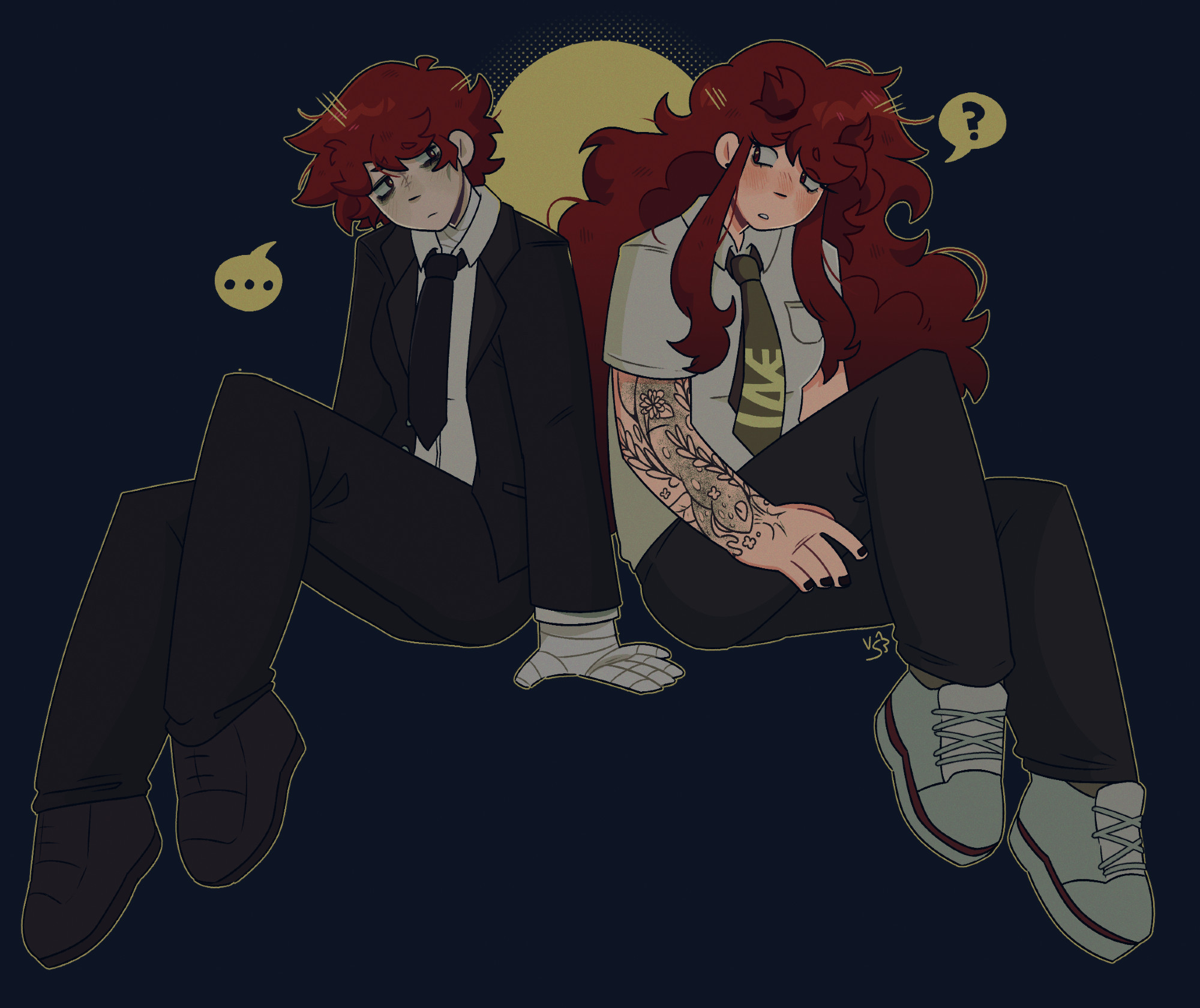 Art of Red and Scarlett Laval from Knellverse, sitting back to back on a dark blue background and looking back over at each other. Red is dressed in Izuru Kamukura's black suit, while Scarlett is wearing Hajime Hinata's outfit. Red has a somewhat distant and tired expression, while Scarlett looks at her concerned. 