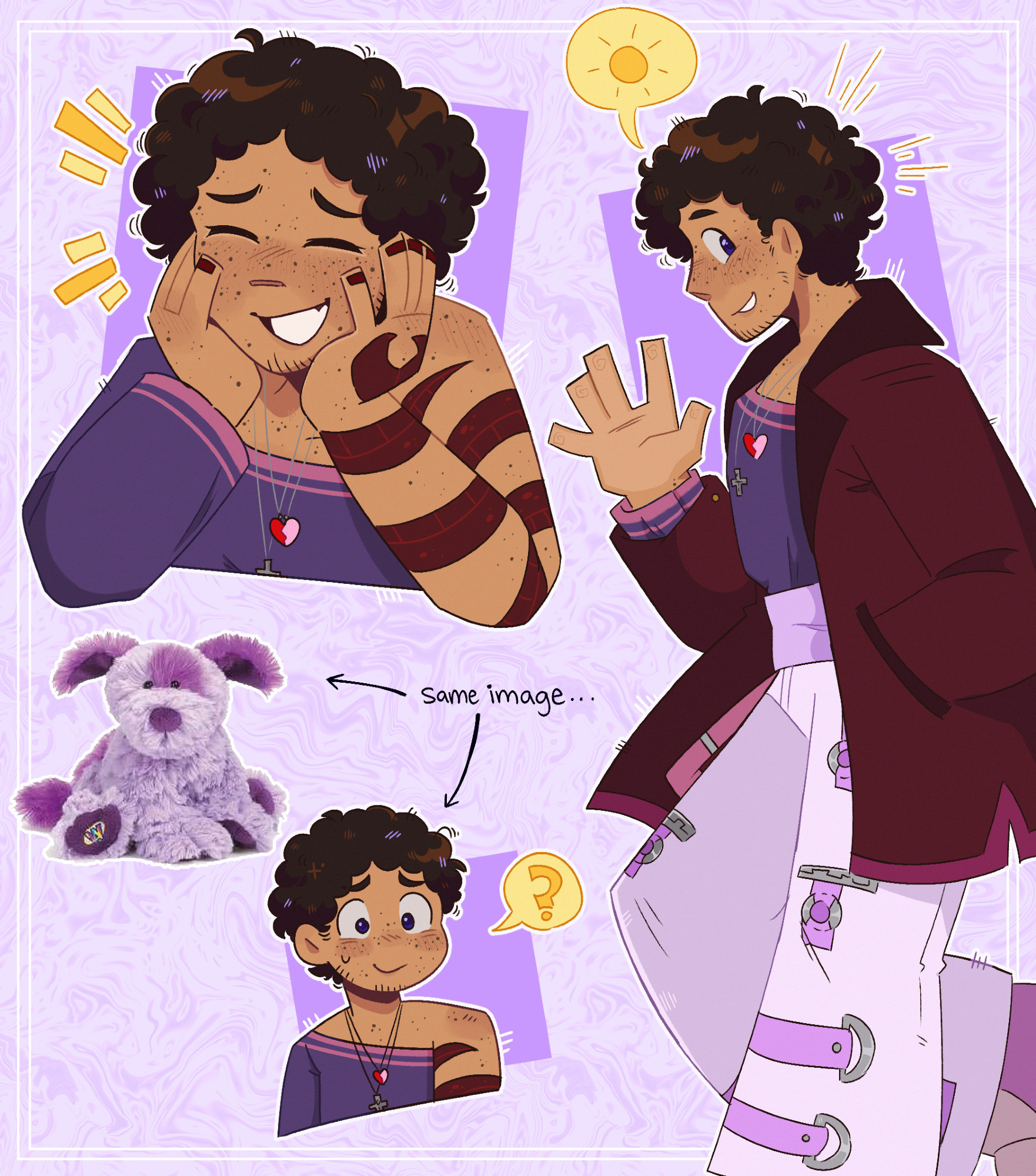 Three drawings of Avernus Cardoso, set on a purple background. She's a guy with shorter, curly brown hair, midtone skin, freckles, and wears a purple shirt with only one sleeve, showing off the snake tattoo on her left arm. She wears a friendship necklace and a crucifix. The top left drawing has her holding her face in her hands and smiling a little awkwardly. The right one is an almost fullbody drawing, of her smiling and waving towards the viewer. In this one, she's wearing a dark red coat from her best friend, Eden. In the bottom left is a smaller doodle, of her having a confused smile. There's a PNG of a Grape Soda Pup Webkinz next to her, and a label pointing to both reading "same image...".