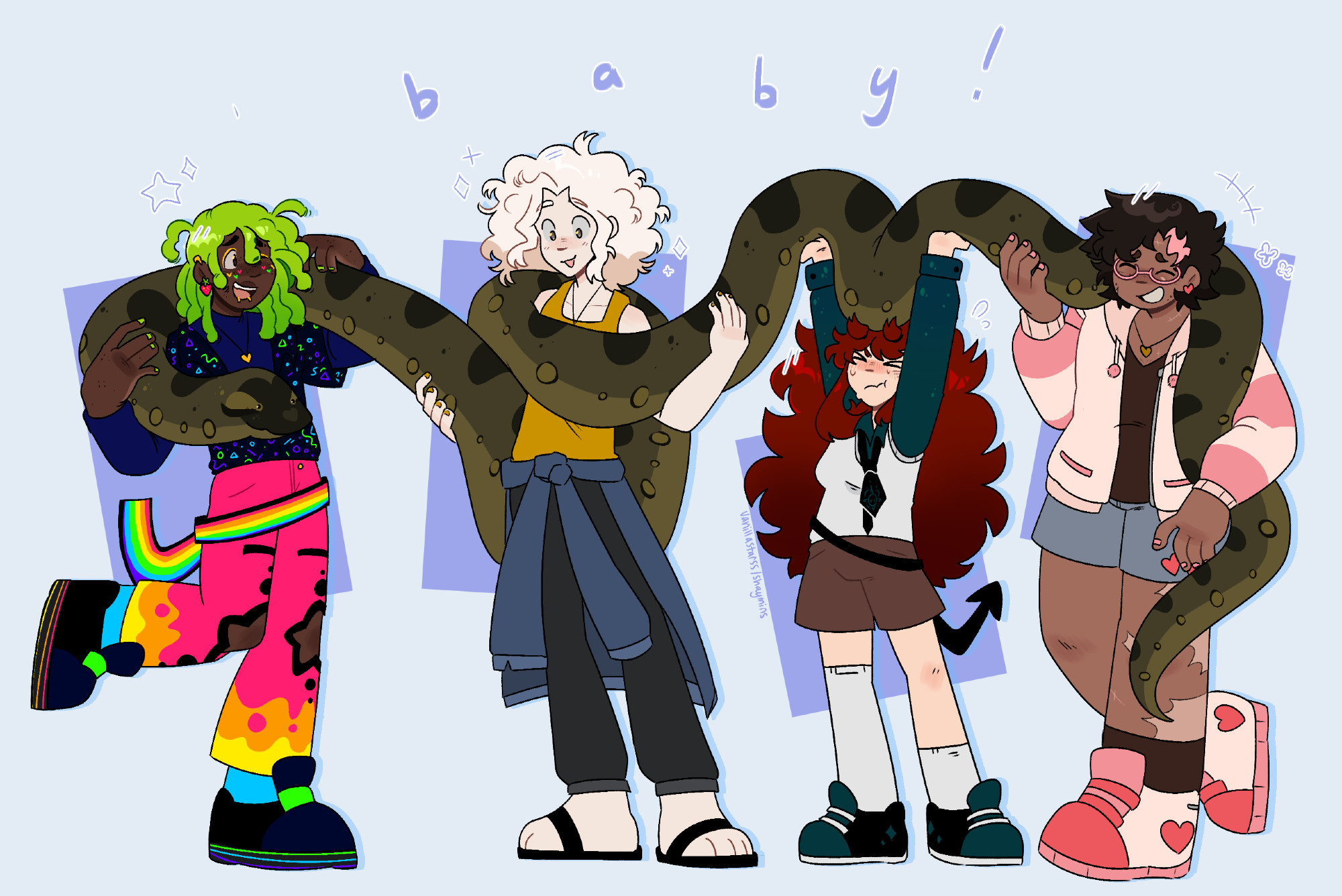 A drawing of four people holding a giant anaconda draped over their shoulders. From left to right is Sylvie, a person with bright green locs and rainbow clothes with a casual smile, Casey, a very tall individual with poofy white hair and a delighted little expression, Scarlett, a girl with long, fluffy red hair, who is struggling to hold Baby the anaconda as easily as her much taller coworkers, and Robin, a person with dark brown and hair hair, who is laughing a little at the whole ordeal. The background is light blue, with the word "baby!" written above them. 