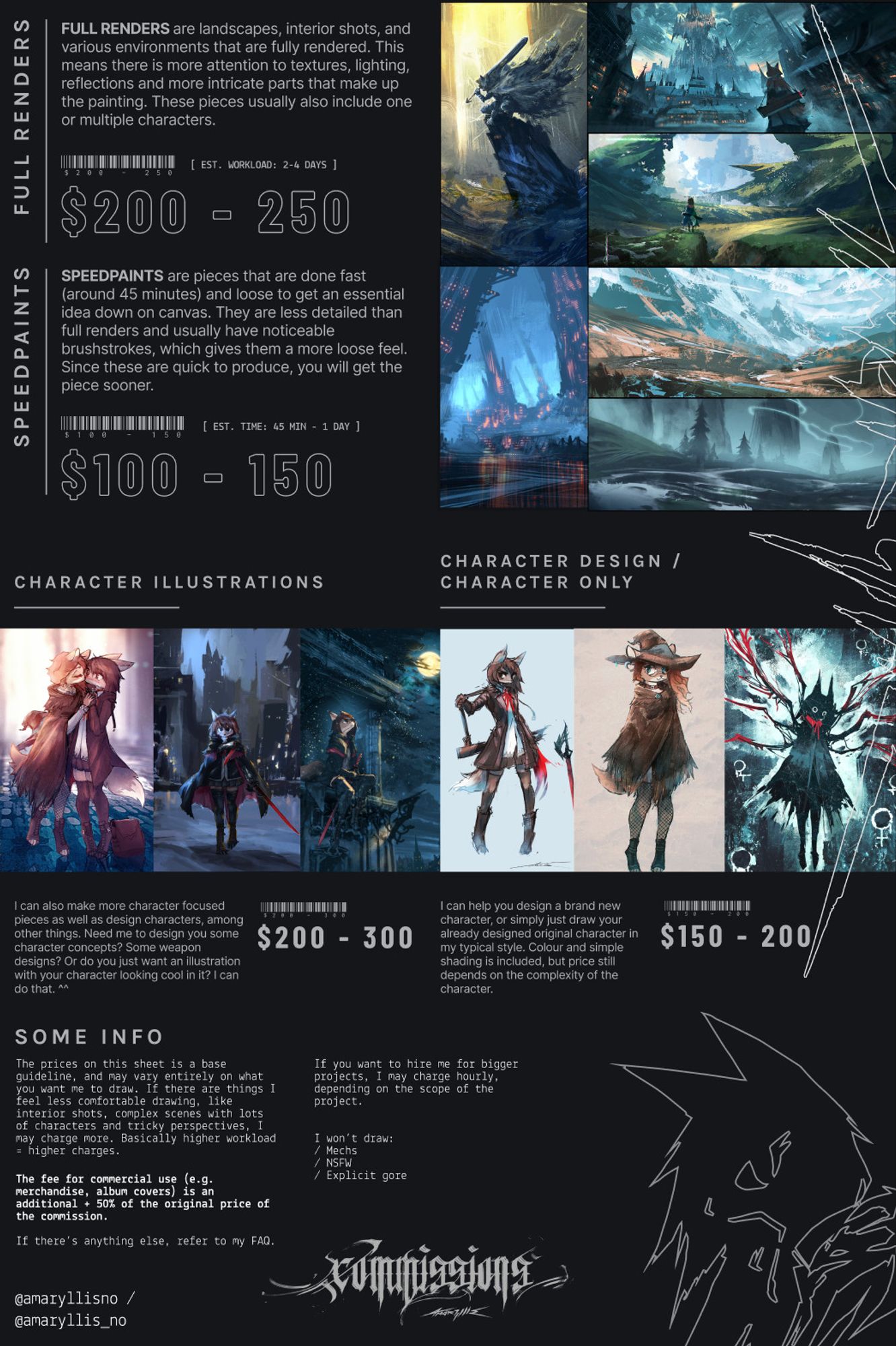 Commissions pricings sheet.
Full render: 200-250 USD
Speedpaints: 100-150 USD
Character illustrations (w/ background): 200-300 USD
Character only: 150-200 USD