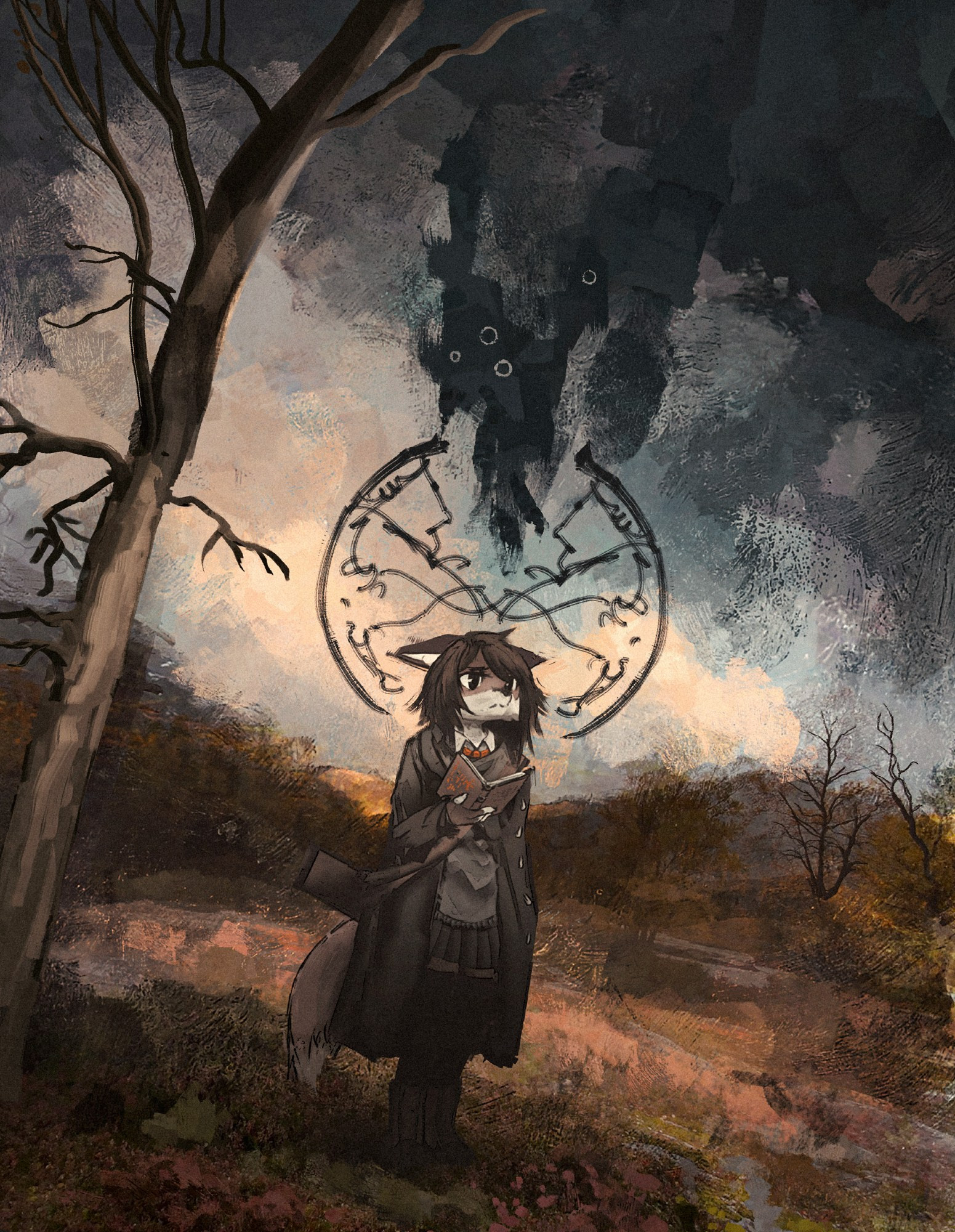 illustration of amary in an autumnal landscape. she's holding up a book with a mildly concerned expression. there's an entity looming over over her