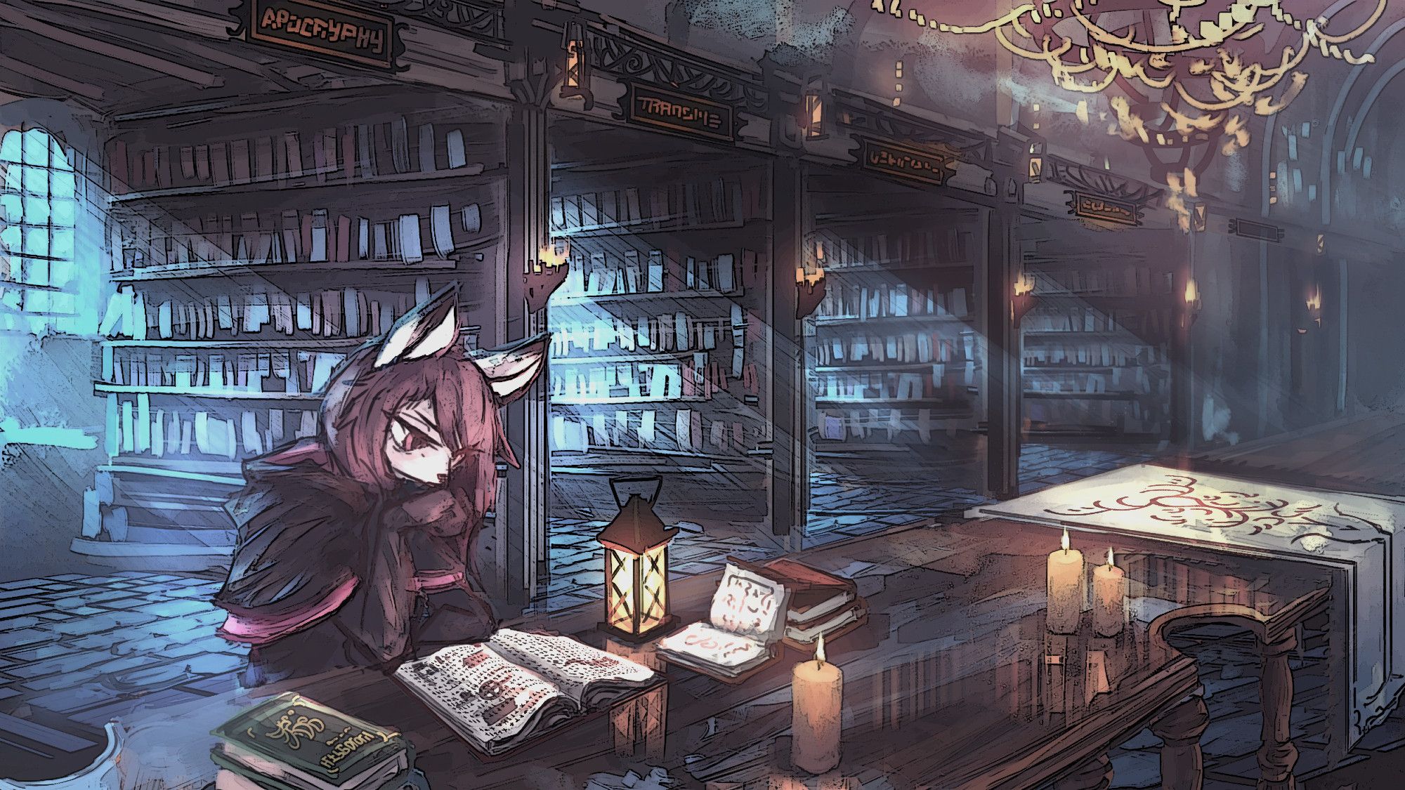 Painted scene of an old library, where a foxgirl sits by a long table and studies for her upcoming exams