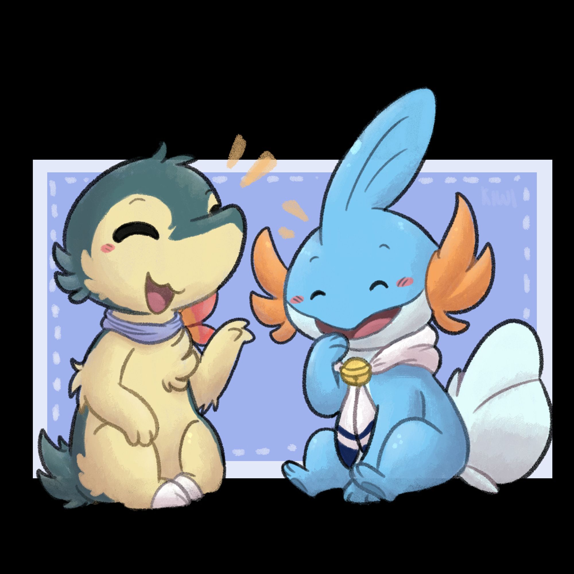 A Cyndaquil and a Mudkip are sitting on the floor, both looking happy. The Mudkip seems to be amused by a joke from the Cyndaquil.