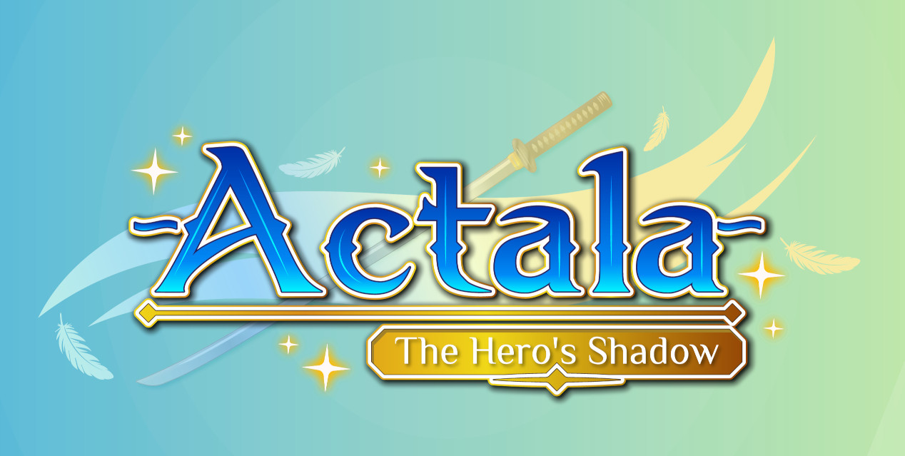 Logo for the game Actala: The Hero's Shadow in blue and yellow.