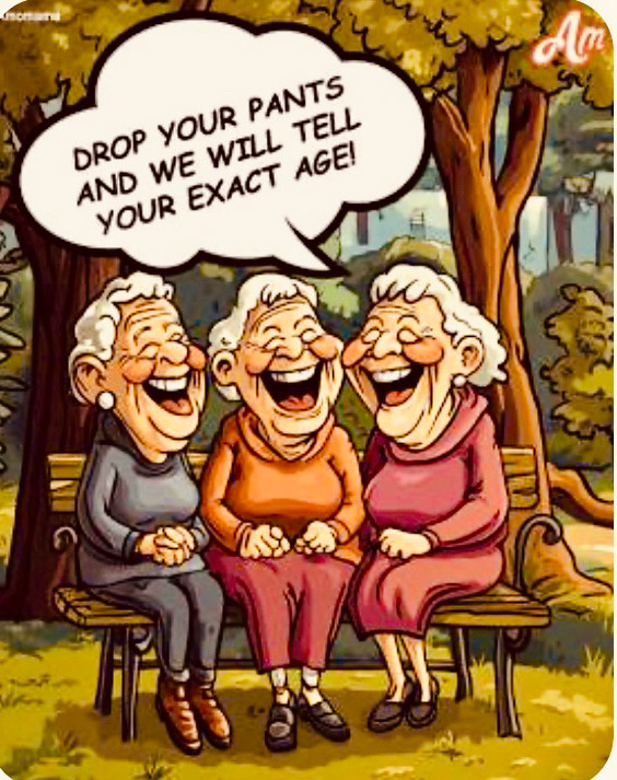 Three older ladies sitting on a park bench say “Drop your pants and we will tell your exact age!”