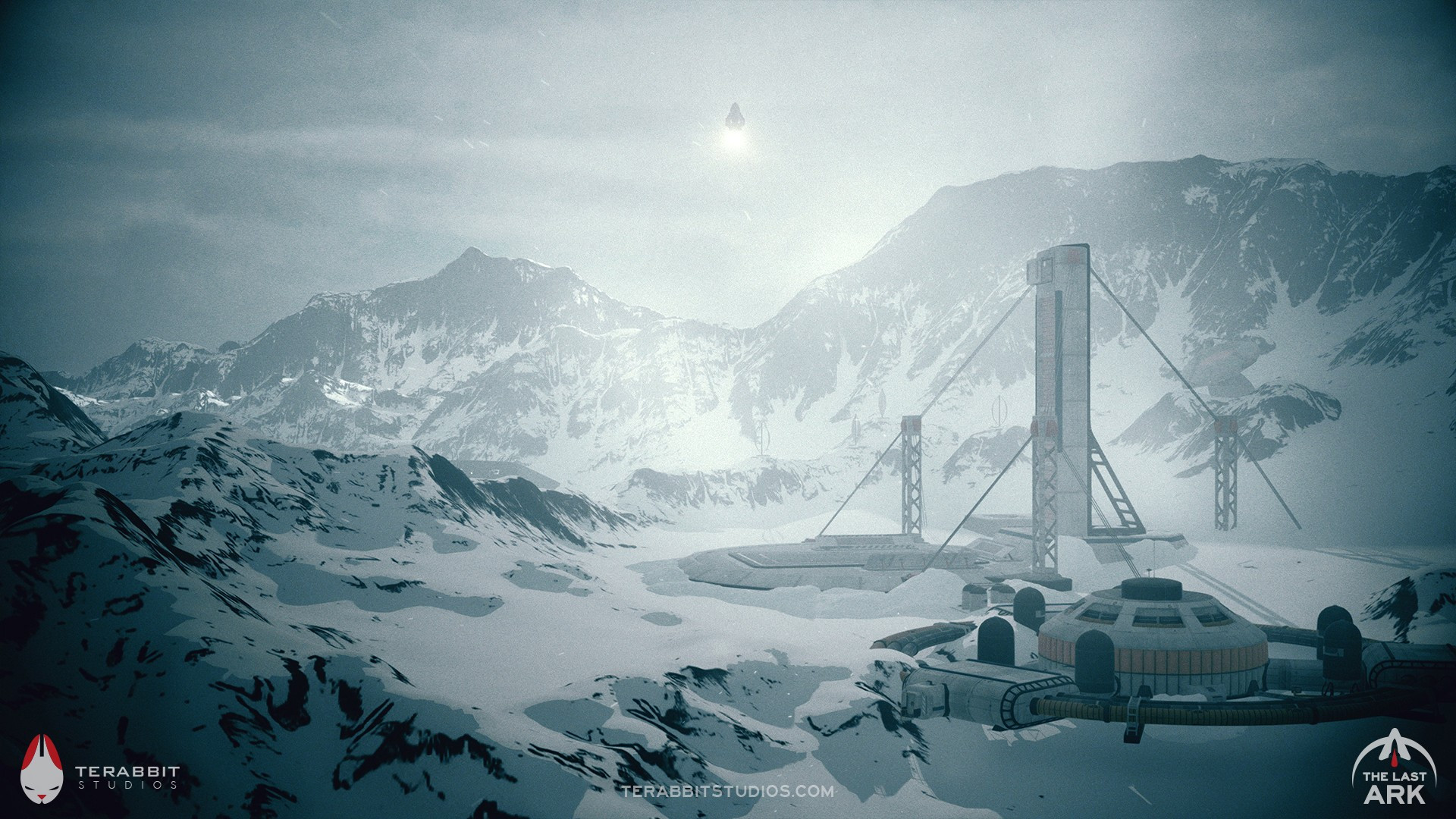 The Last Ark screenshot: A rocket launch is seen in the distance, where the foreground is an abandoned launch platform in a snowy mountain scape.