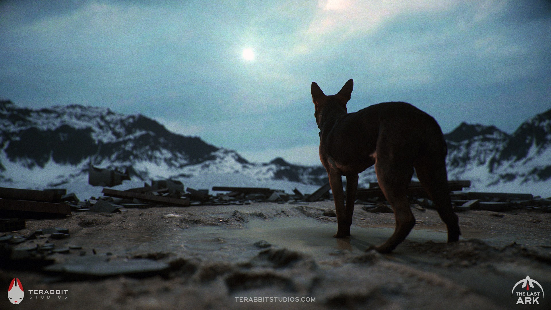 The Last Ark screenshot: A German Shepherd stands watching a rocket launch from a cold and empty wasteland.