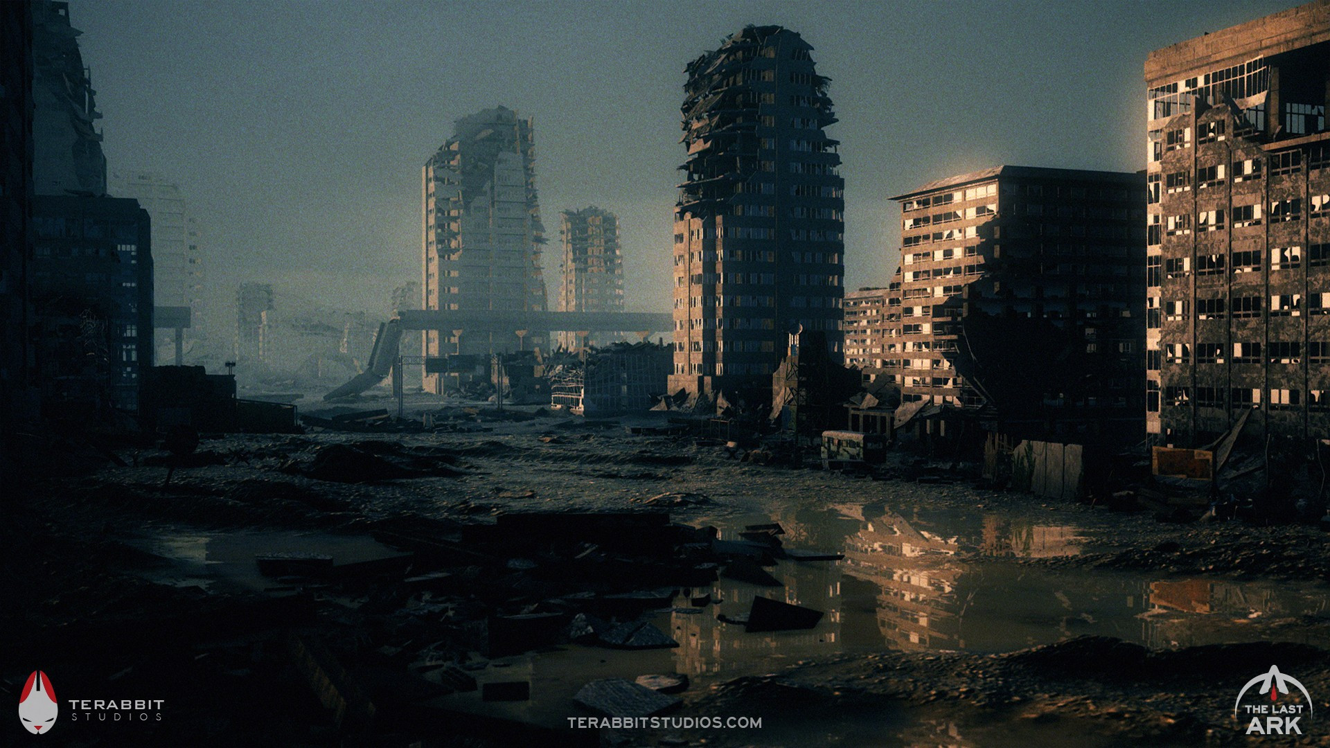 The Last Ark screenshot: A shot of an abandoned city wasteland that appears to have been affected by a nuclear war. There is destroyed buildings and rubble everywhere.