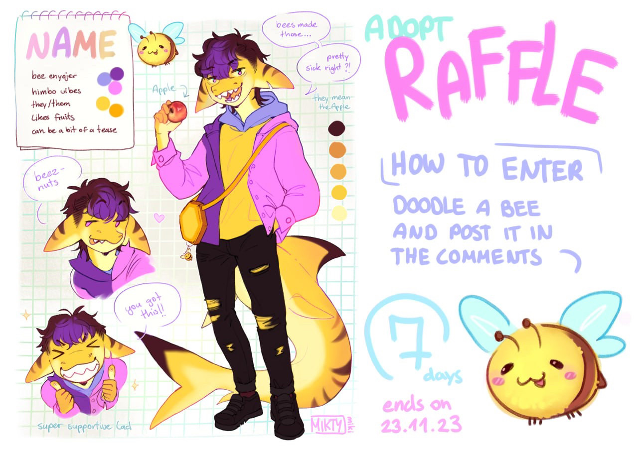 free adop raffle furry shark yellow bee and fruit lover they them holding an apple