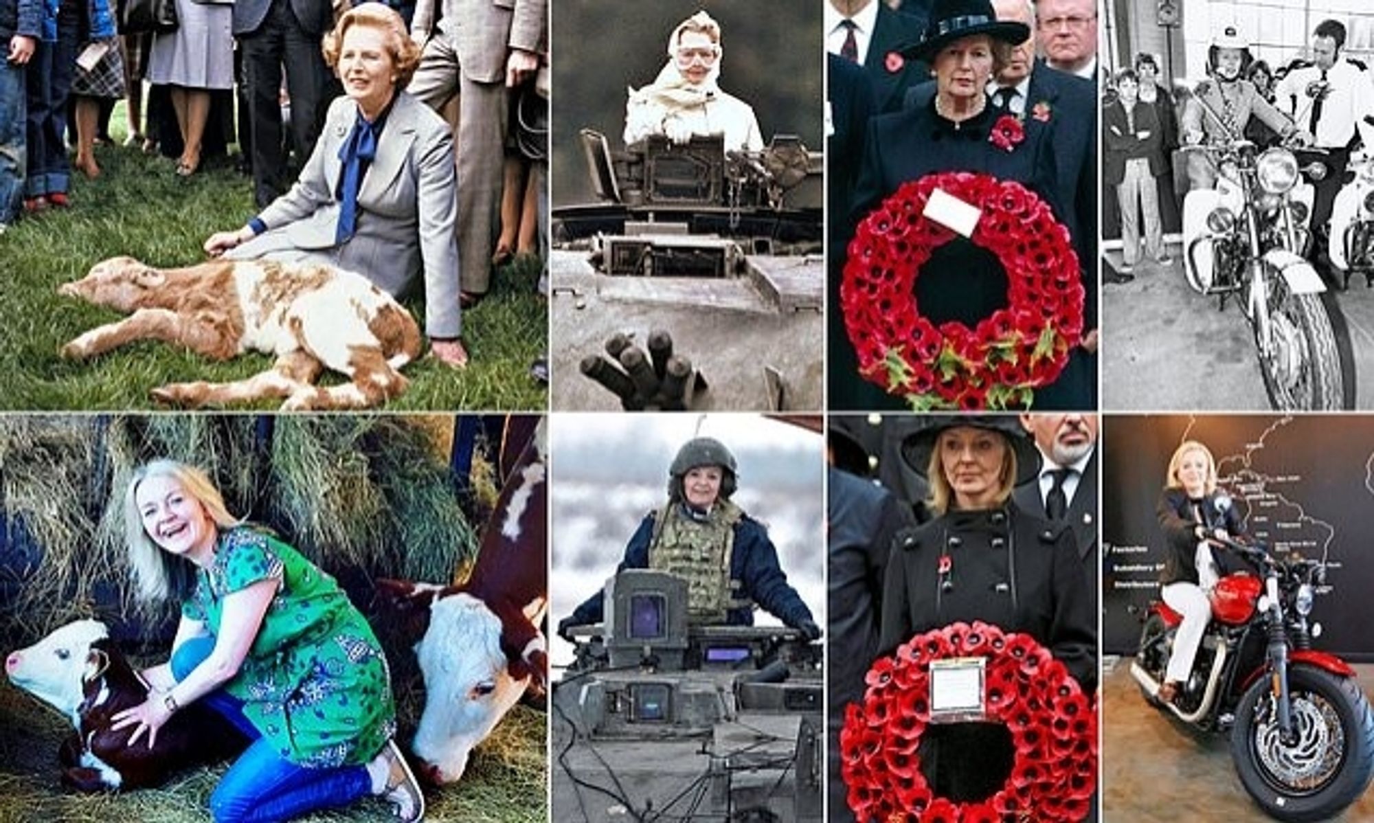 Photos of Thatcher with a calf, in a tank, with a wreath of red roses and on a motorbike, and exactly the same scenes shown below, but with Liz Truss instead.