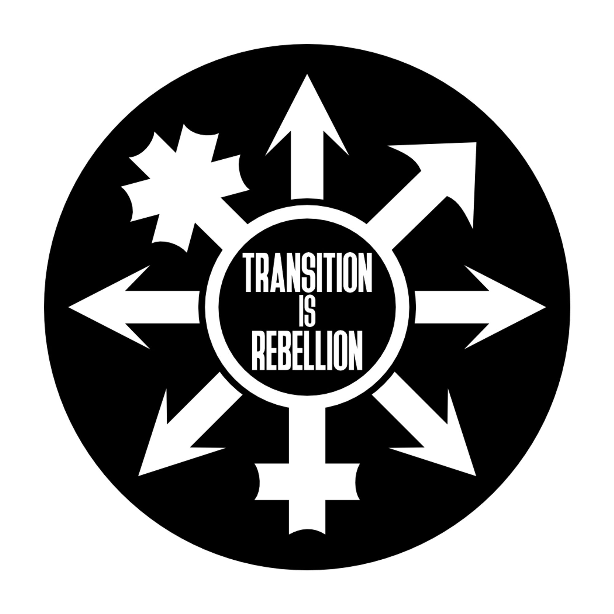 black and white sticker design. a trans symbol with an asterisk nonbinary arm over a chaos star