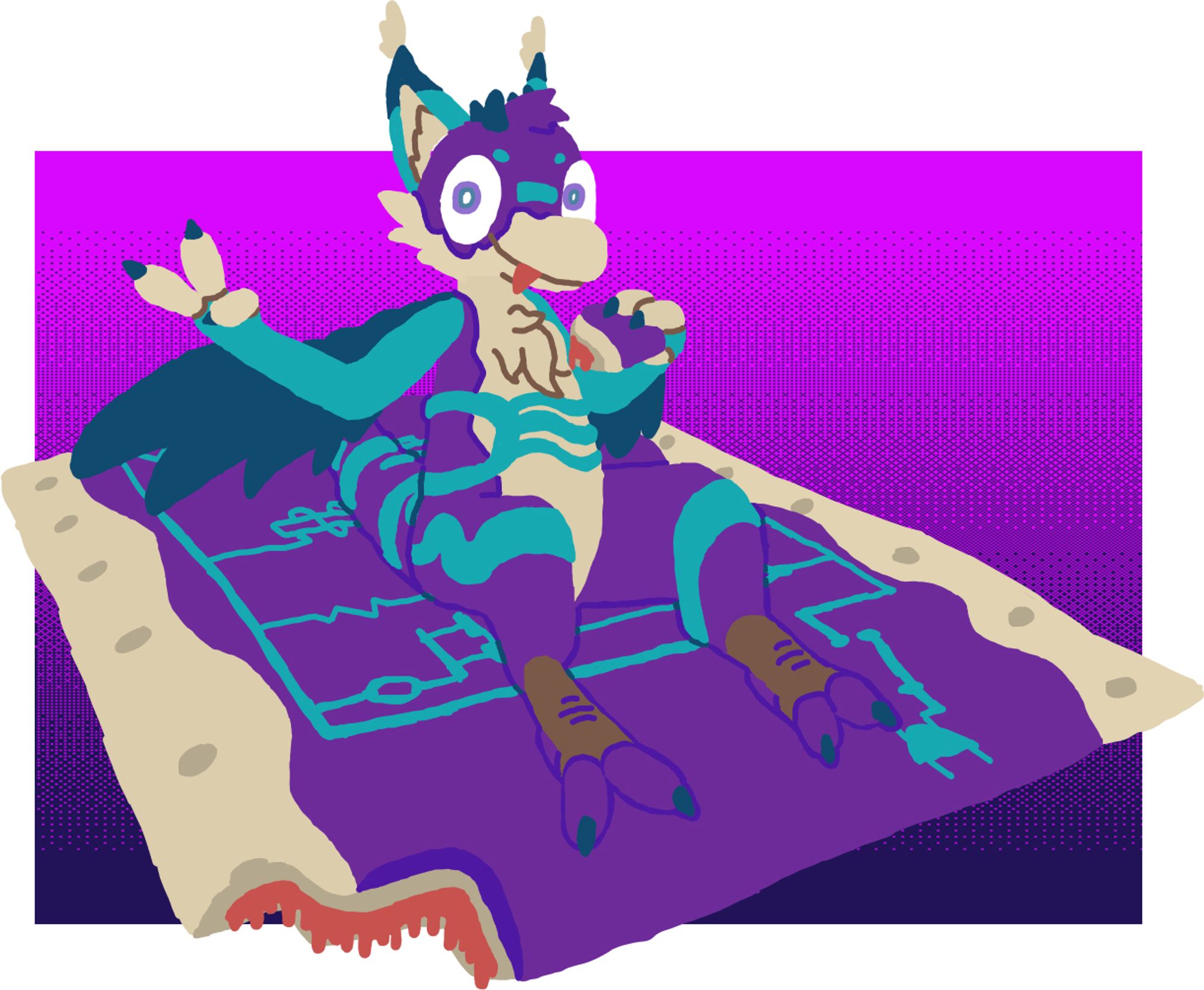 A purple and cyan creature with raptorlike features, seated on an oversized toaster pastry with matching colors and an electrical diagram printed onto the frosting