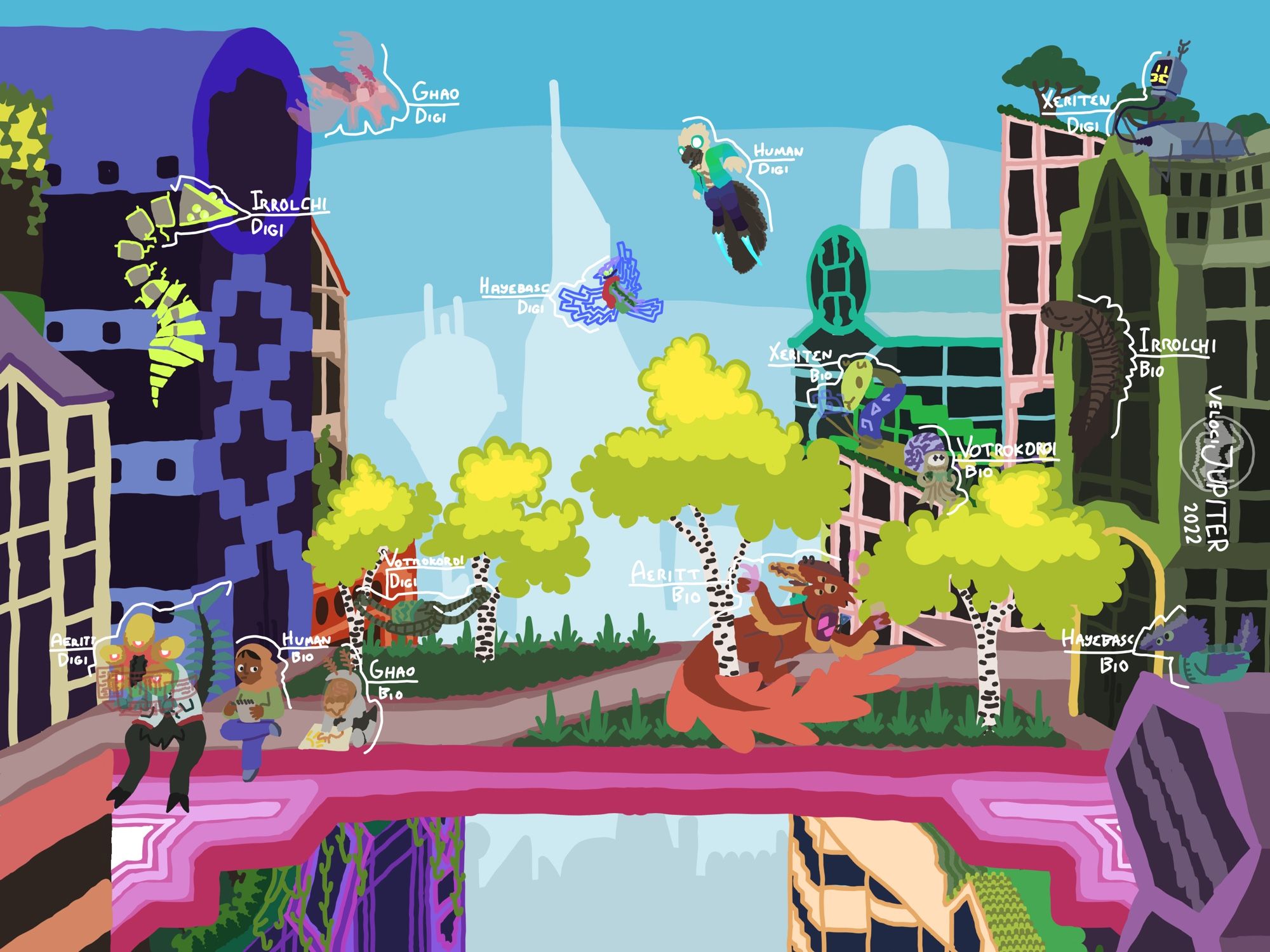 A large urban scene in Neo-Andean style, centered on an open skyway. 14 characters are present, with 7 being fully synthetic and 7 being a baseline biological species. Different civilizations from the setting depicted are represented by 2 characters, 1 from each category