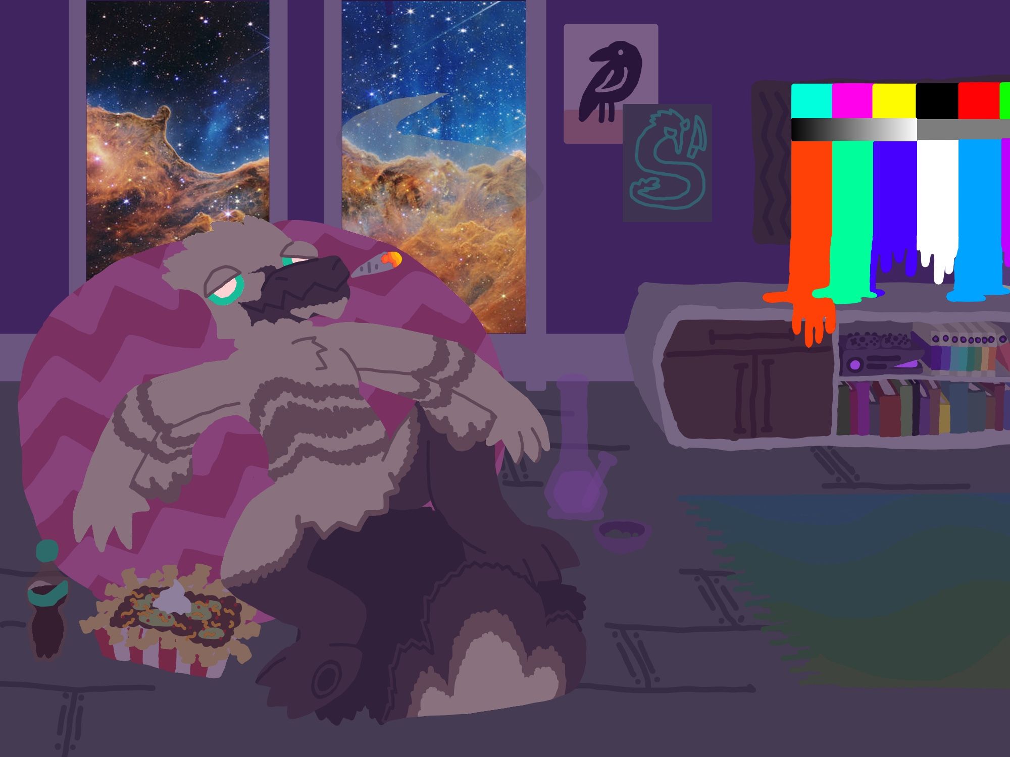 An anthro robotic dromeosaurid smoking a blunt in a dimly-lit living room, resting on a bean bag chair. A tray of carne asada fries and a bong sit on the floor beside them, and the television and window in the room are distorted by hallucinations