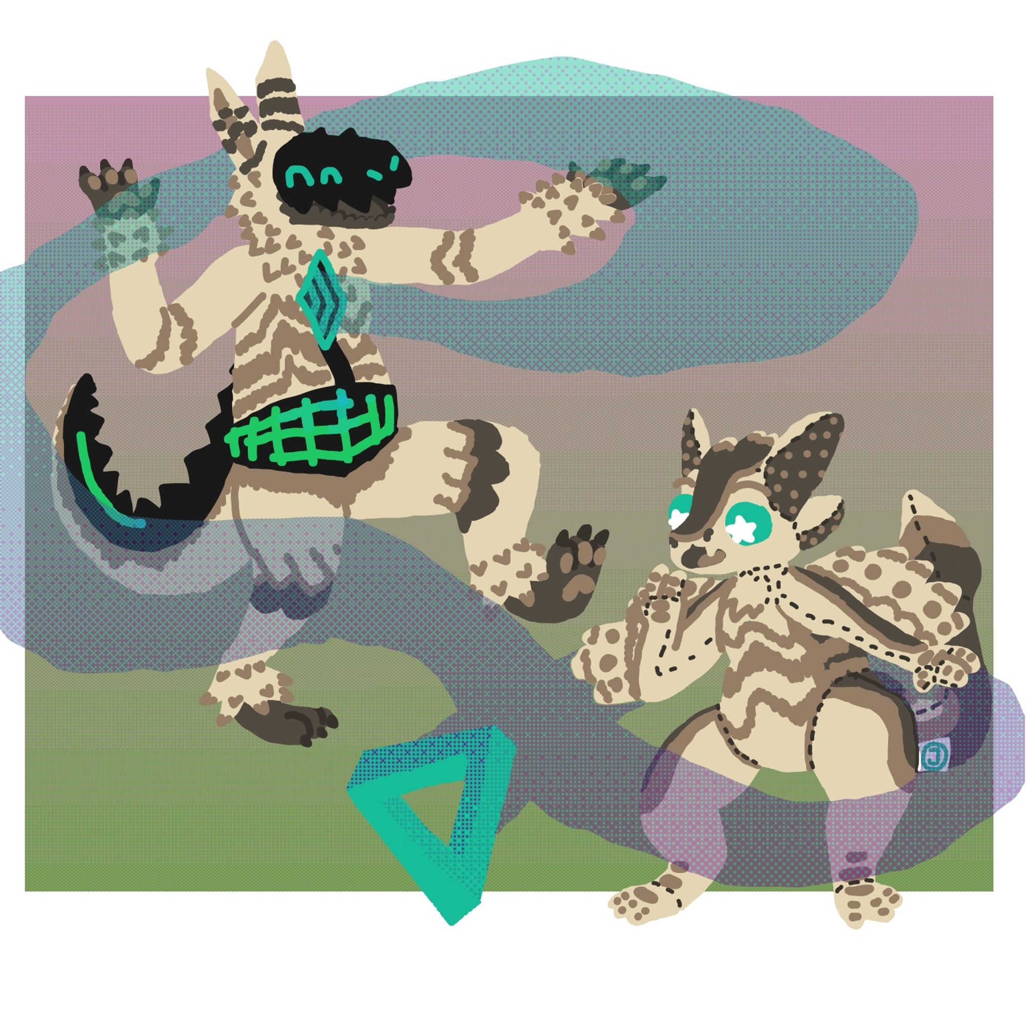 A mantled beast and plush avali with similar color palettes and patterning. The mantled beast extracts a cloud of nanites from a diamond in their chest while dancing, and the avali watches curiously as the nanites form a penrose triangle.