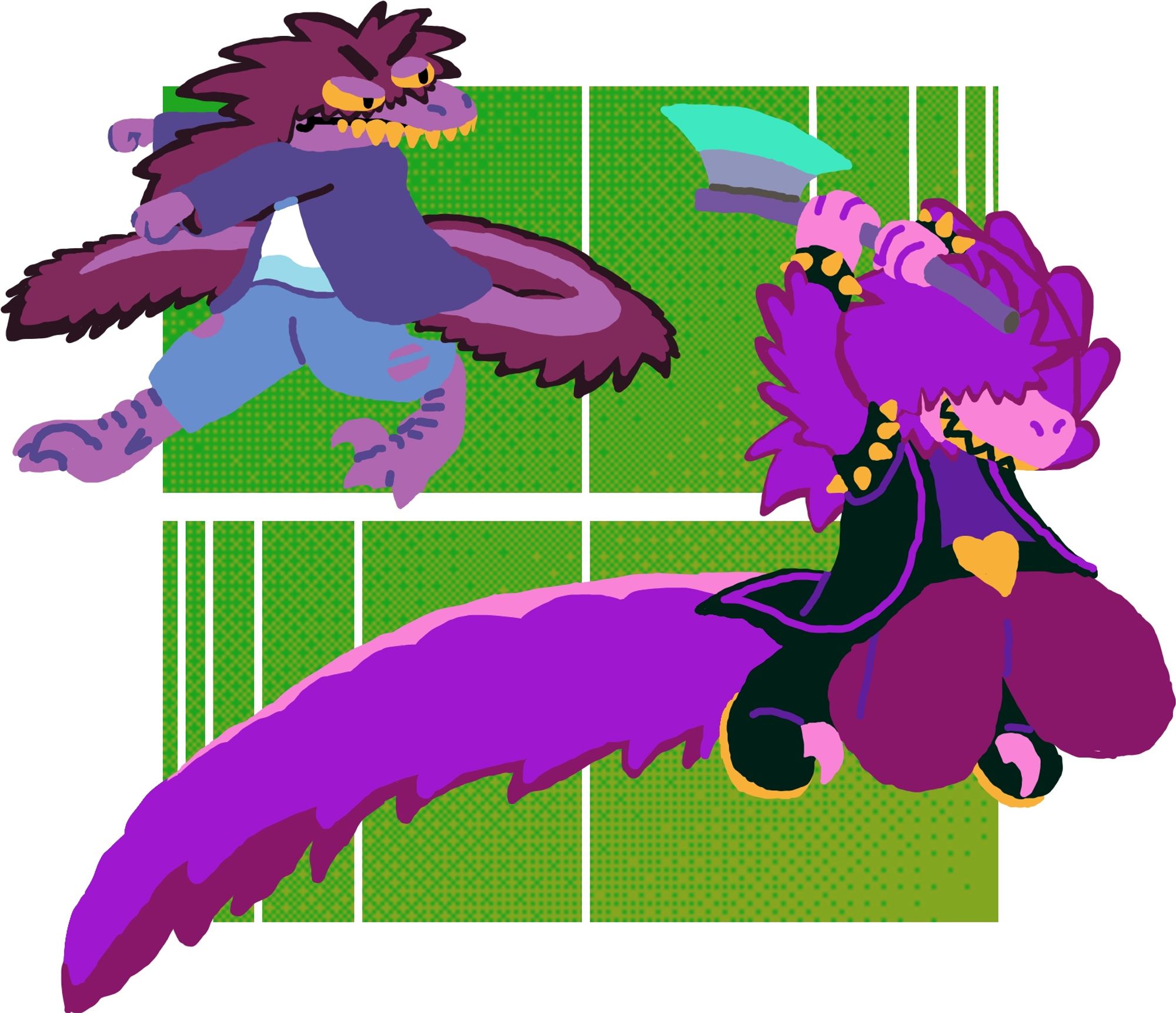 Two drawings of Susie from Deltarune with raptor claws, feathers, and a long plumaged tail. One is a light world variant of her turning around incredulously, and the other a dark world variant of her leaping to strike an enemy with her axe, feathers covering her eyes