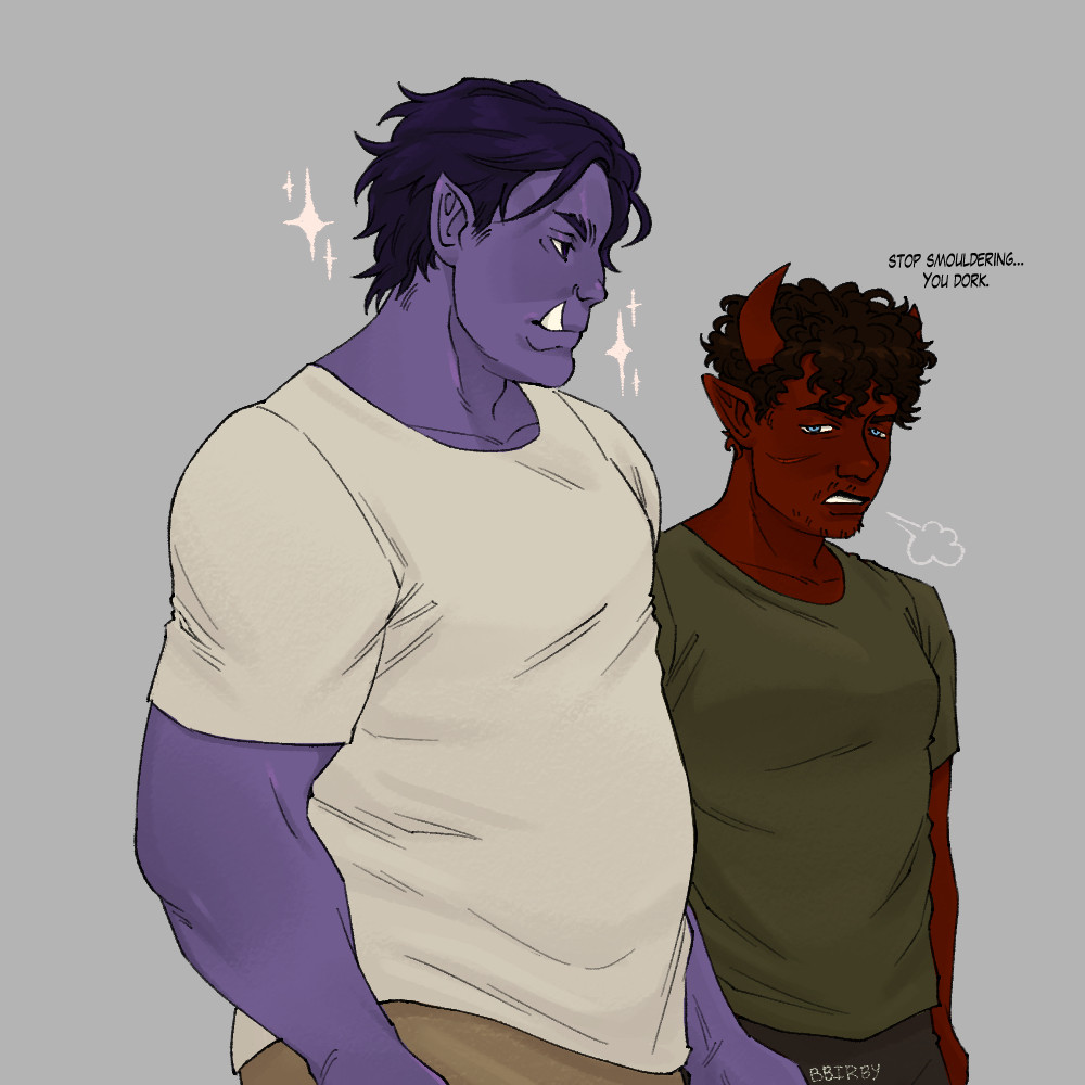 Purple Orc man mogs with sparkles around his face, while his red tiefling friend tells him to “stop smoldering, you dork”.