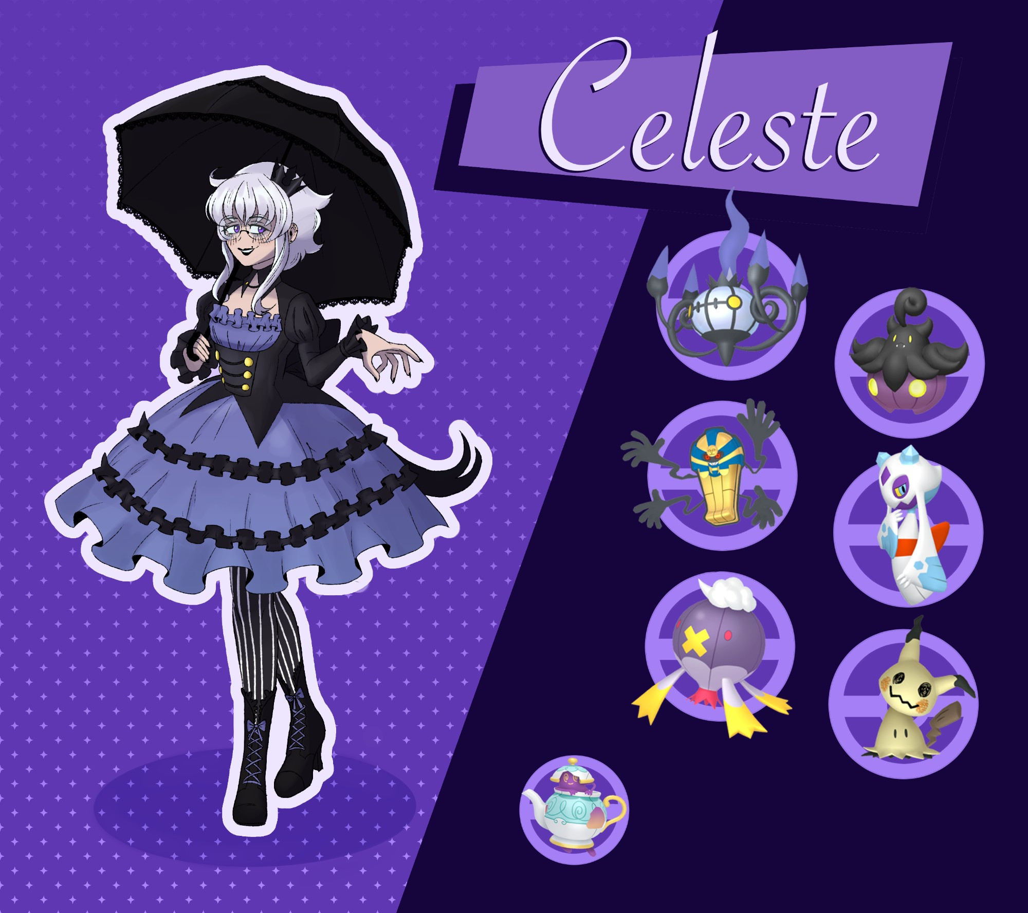 Drawing of a girl with short white hair in an purple and black gothic lolita coord holding a black lacey umbrella. On the right is her pokemon team comprised of Chandelure, Pumpkaboo, Cofagrigus, Froslass, Drifblim, Mimikyu, and Polteageist