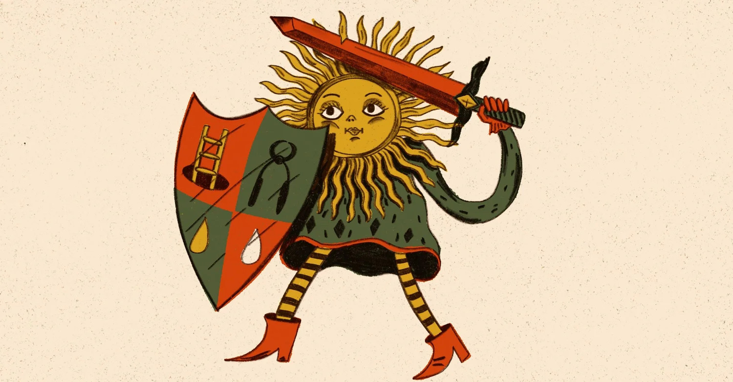 An illustration of the sun holding a sword and shield 