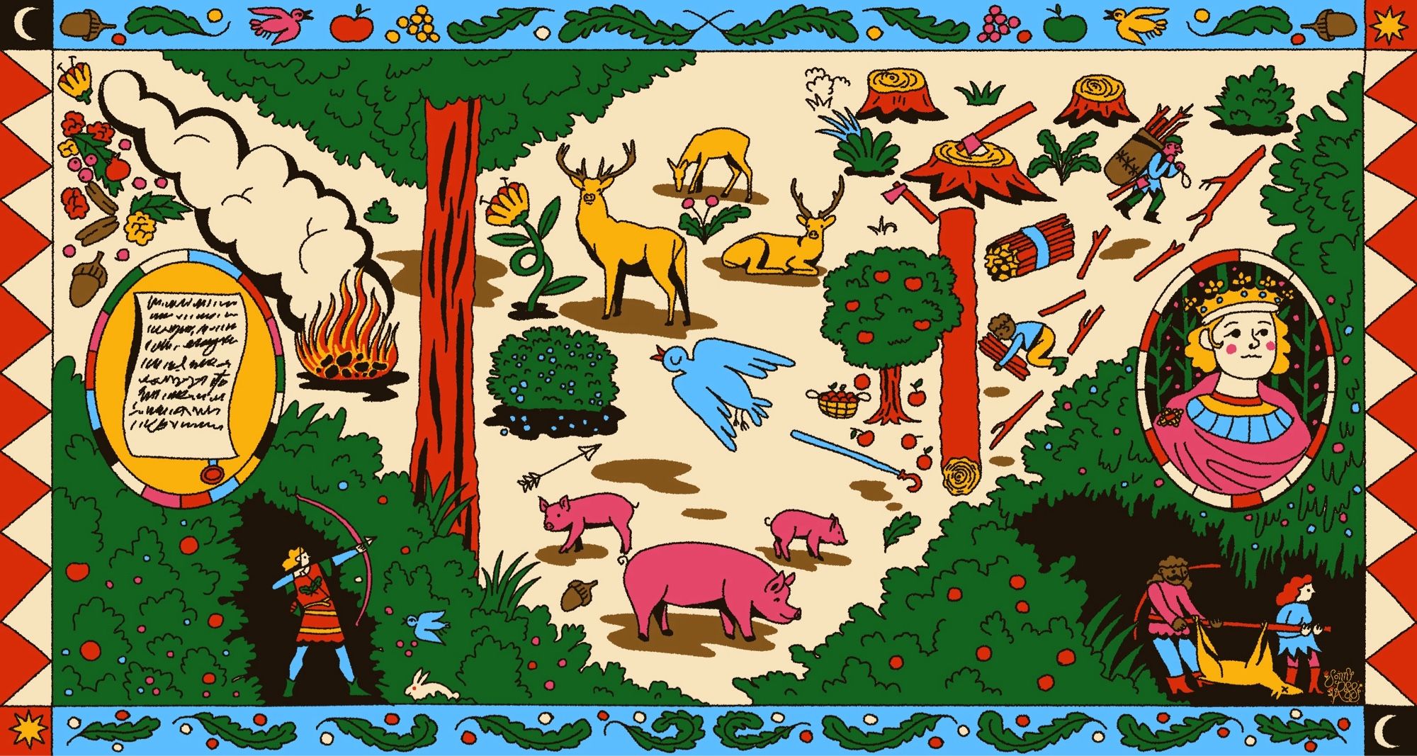 A colourful and wide illustration showing various animals and fruiting plants and those who hunt and gather them.