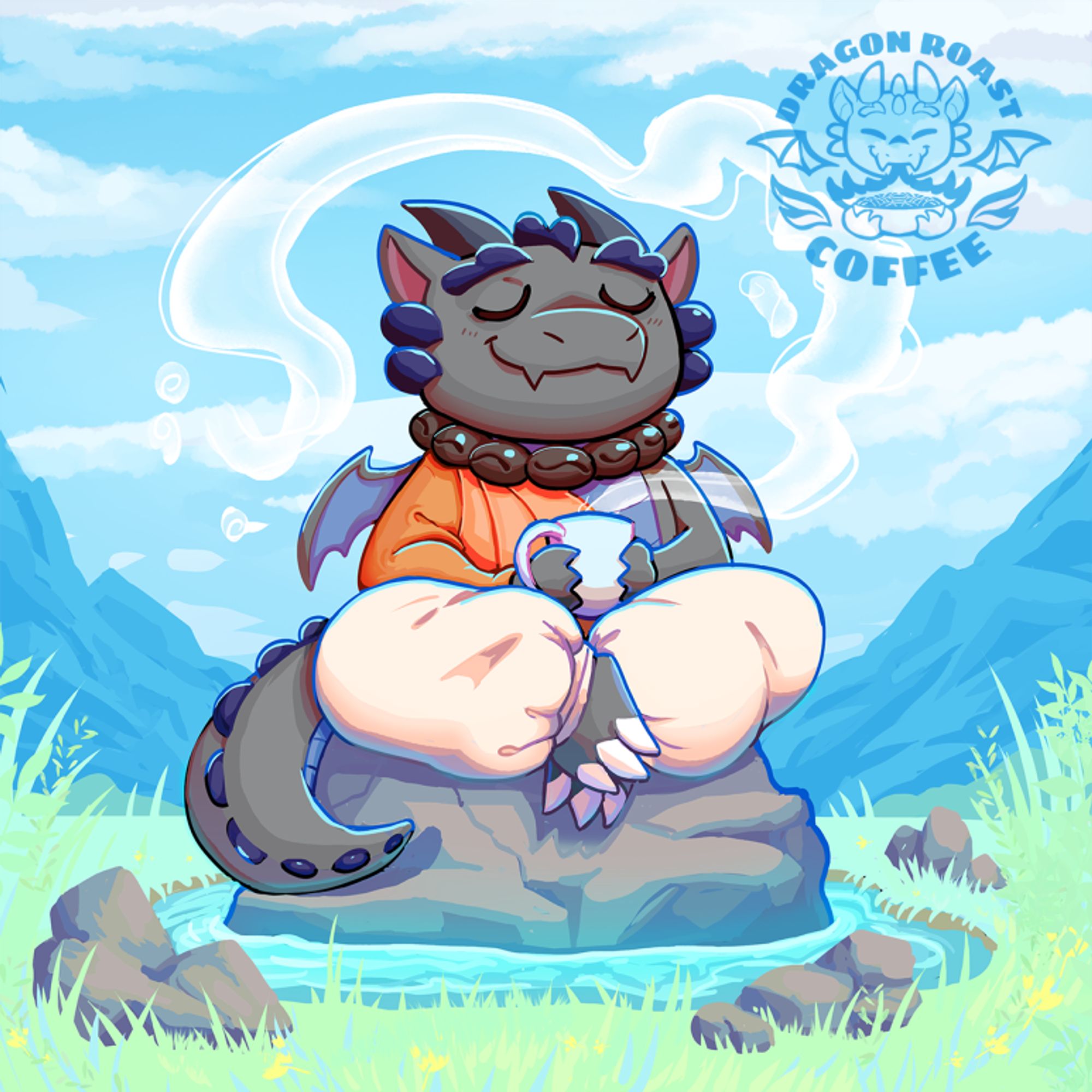 a grey and blue dragon dressed as a monk, holdin a cup of coffee in a serene environment. 