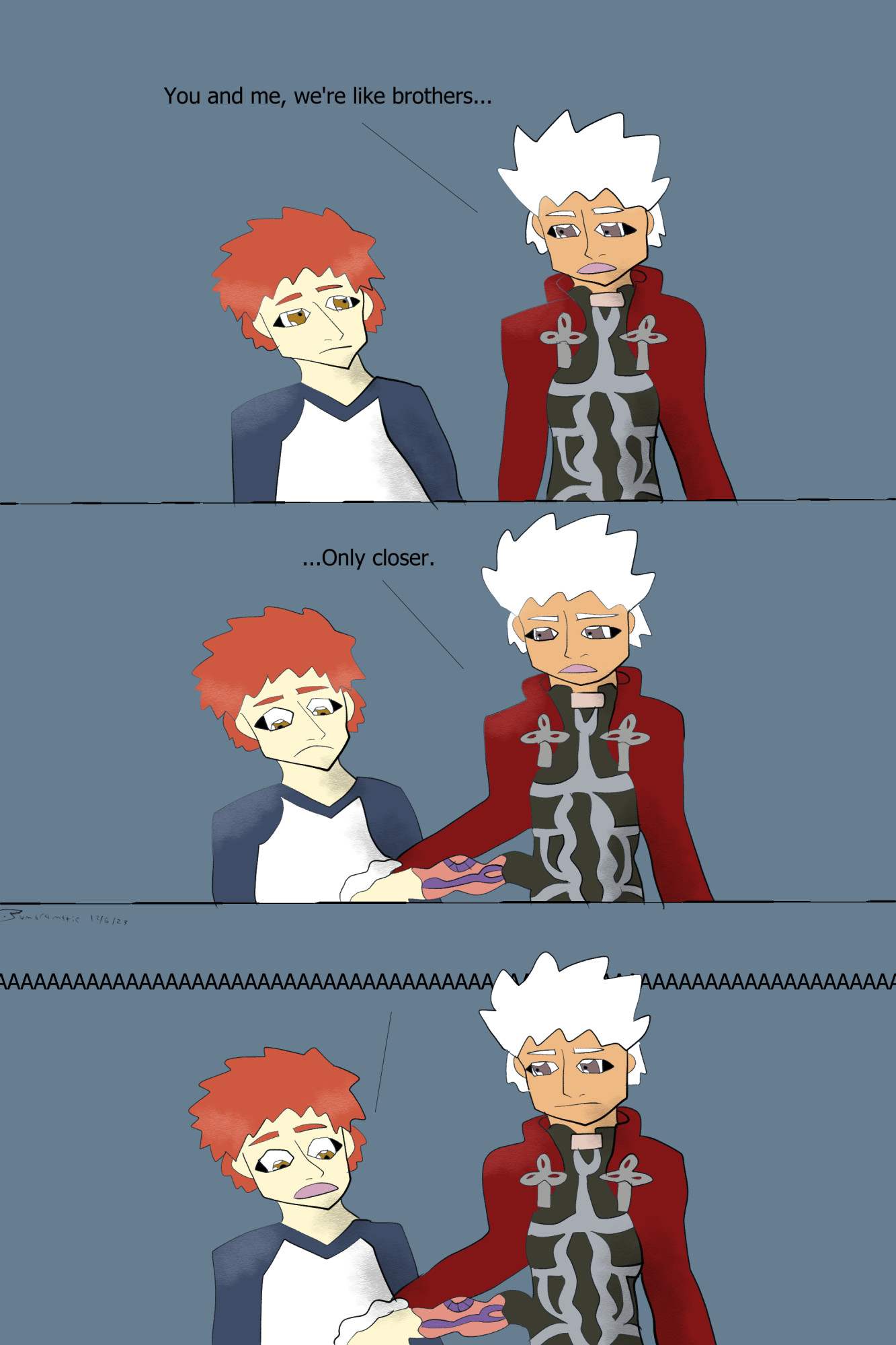 A comic of the "we're like brothers, only closer" scene from Spongebob but with Shirou Emiya as Squidward and Archer Emiya as Spongebob