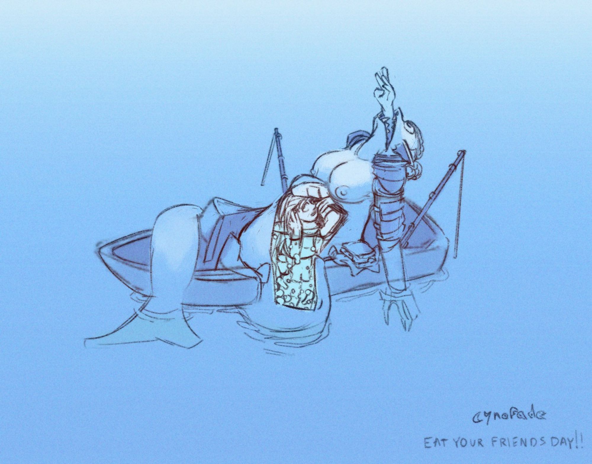 A drawing of a large sharklike mermaid wearing pauldrons coiled around a fishing boat, in the process of swallowing one person and with another already in her sizzling stomach. An uneaten sandwich is perched precariously on the side of the boat, and two fishing rods are in the water.