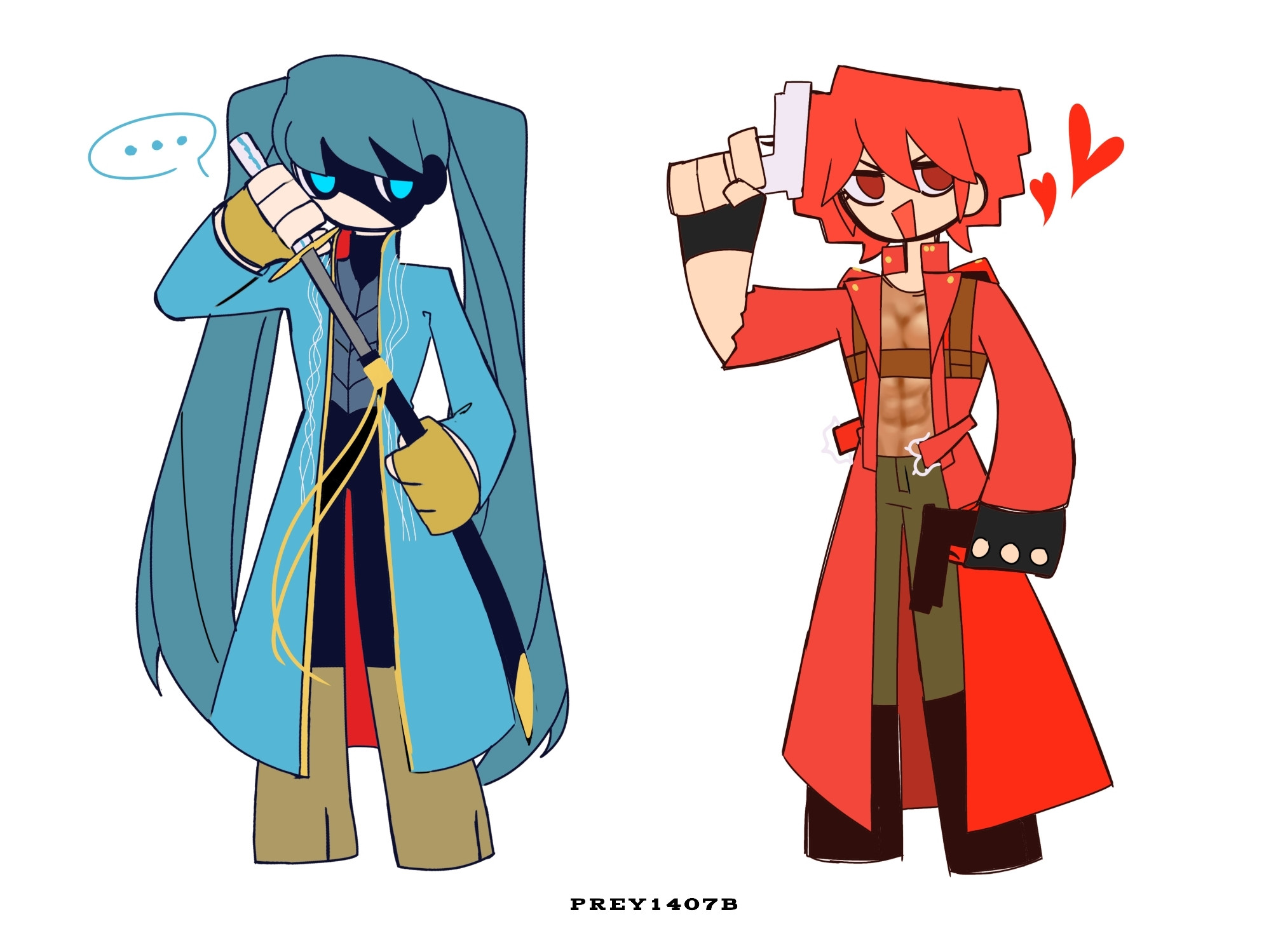 Hatsune Miku and Kasane Teto as Vergil and Dante from the Devil May Cry series, respectively.