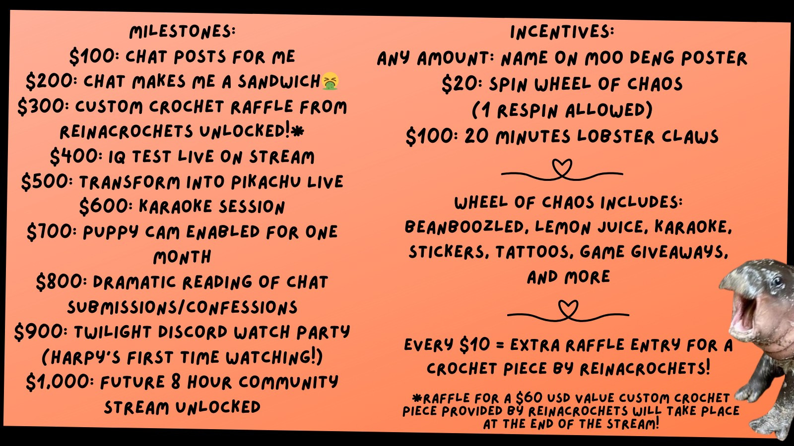 A pale orange graphic with black text. Milestones:
$100: chat posts for me
$200: chat makes me a sandwich🤮
$300: custom crochet raffle from ReinaCrochets unlocked!*
$400: IQ test live on stream
$500: transform into Pikachu LIVE
$600: karaoke session
$700: puppy cam enabled for one month
$800: dramatic reading of chat submissions/confessions
$900: Twilight discord watch party (Harpy’s first time watching!)
$1,000: future 8 hour community stream unlocked
Incentives:
Any amount: name on Moo Deng poster
$20: spin wheel of chaos
(1 respin allowed)
$100: 20 minutes lobster claws
Wheel of chaos includes:
beanboozled, lemon juice, karaoke, stickers, tattoos, game giveaways, and more
every $10 = extra raffle entry for a crochet piece by ReinaCrochets!
*raffle for a $60 USD value custom crochet piece provided by reinacrochets will take place at the end of the stream!
