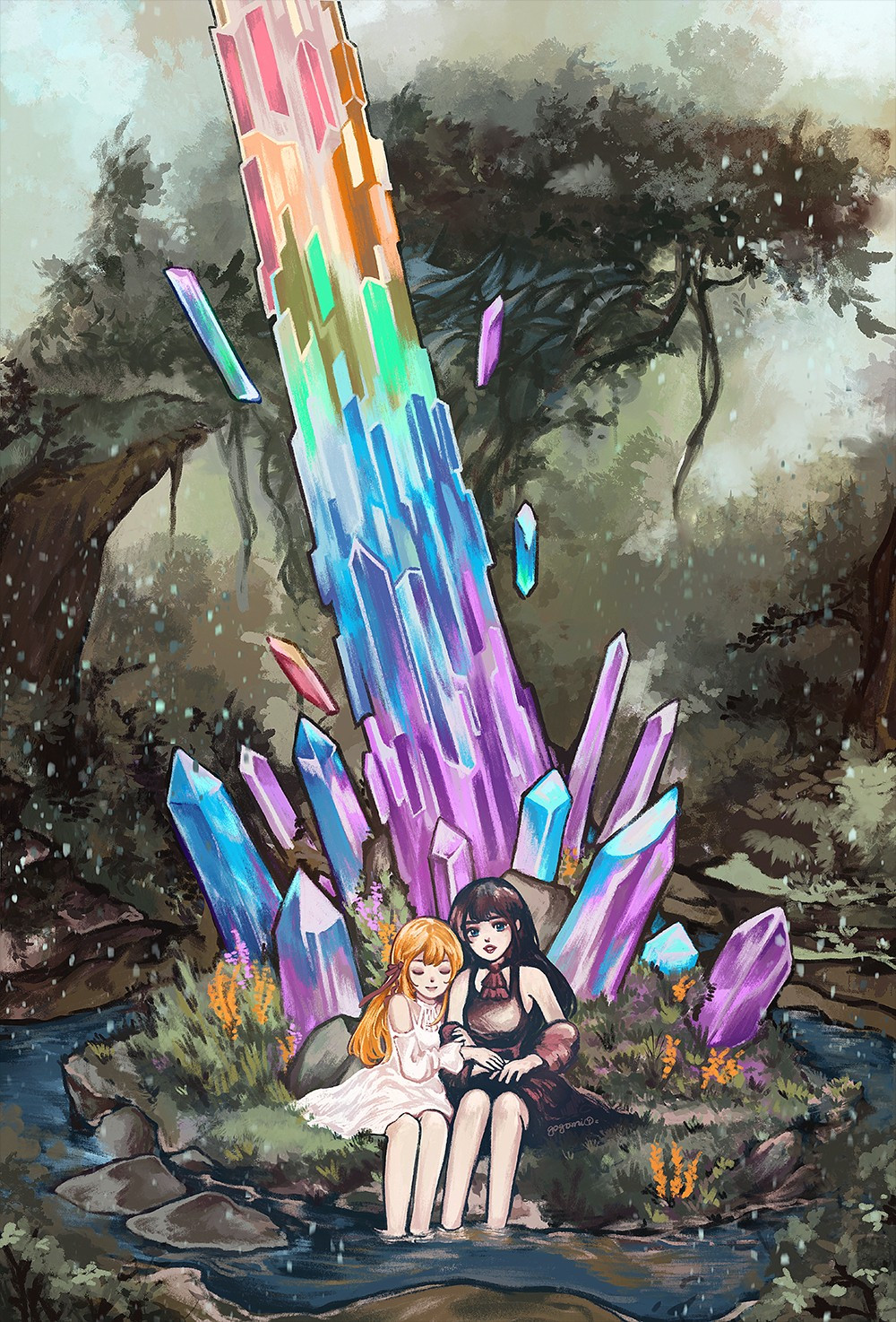 Gaia and Ryne from FFXIV sitting in front of a rainbow crystal rock. 