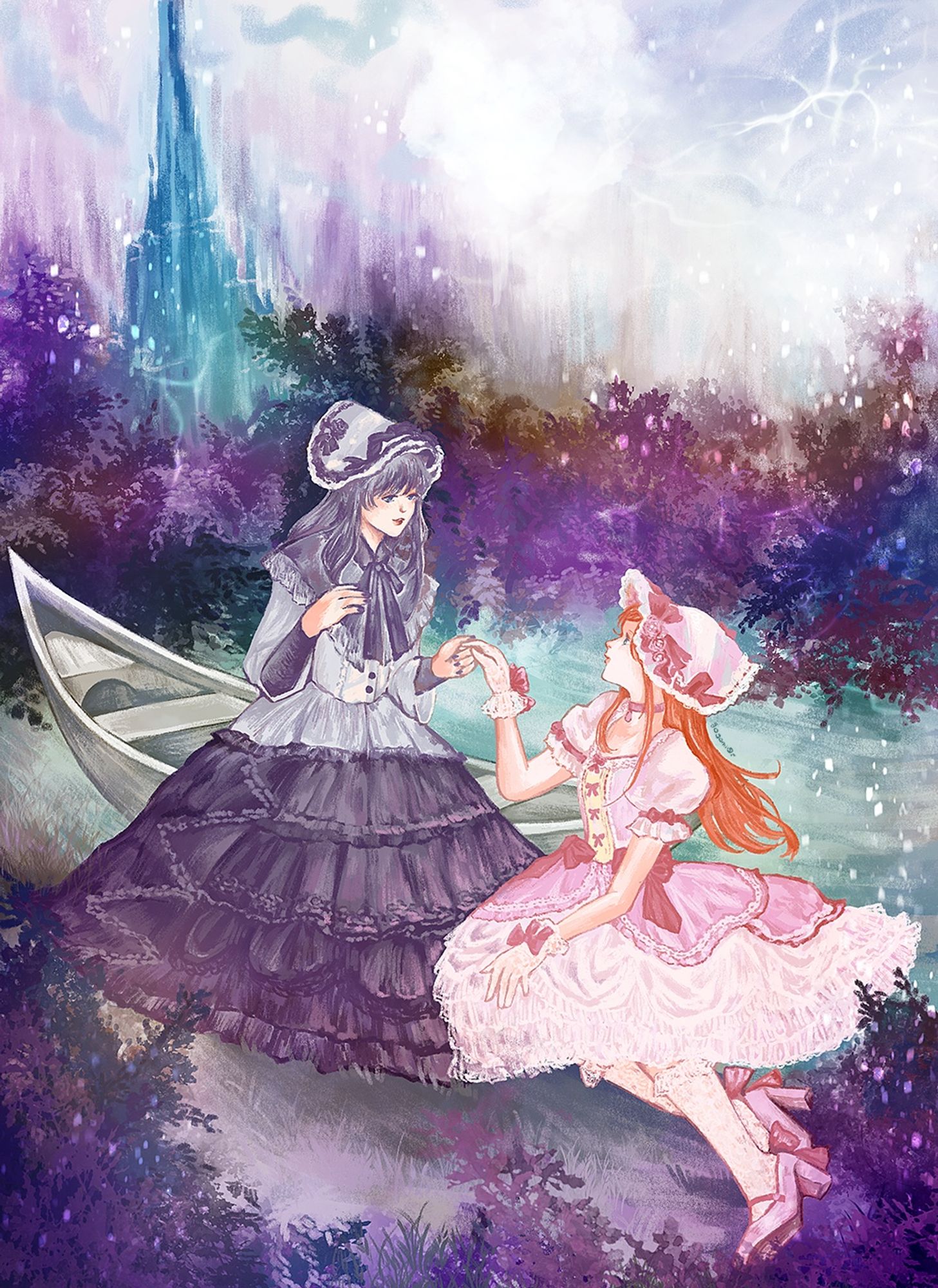 Illustration of Gaia and Ryne wearing the NyaNya X Madoka Magica collab outfits, based on the official photoshoot