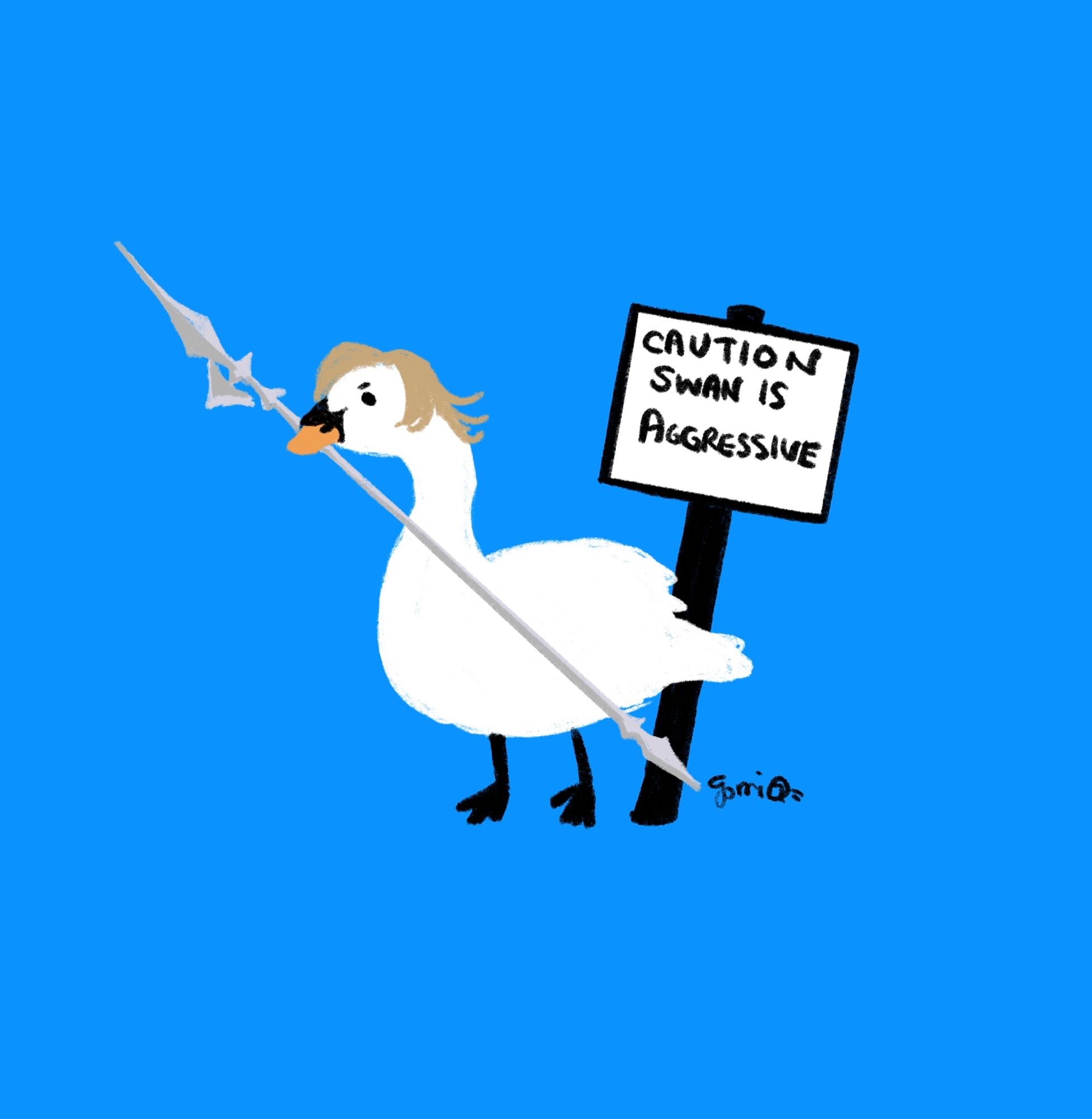 Swan in the style of the untitled goose game with the hairstyle of and holding the spear of Dion Lesage from Final Fantasy 16. There is a sign next to him with the text “CAUTION SWAN IS AGGRESSIVE”