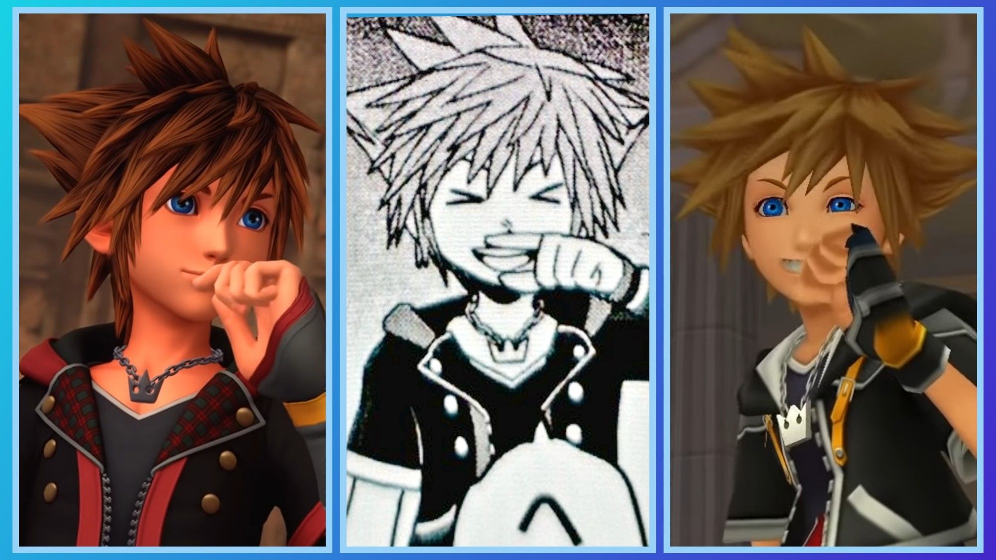 Sora rubbing his finger under his nose in Kingdom Hearts games and Manga