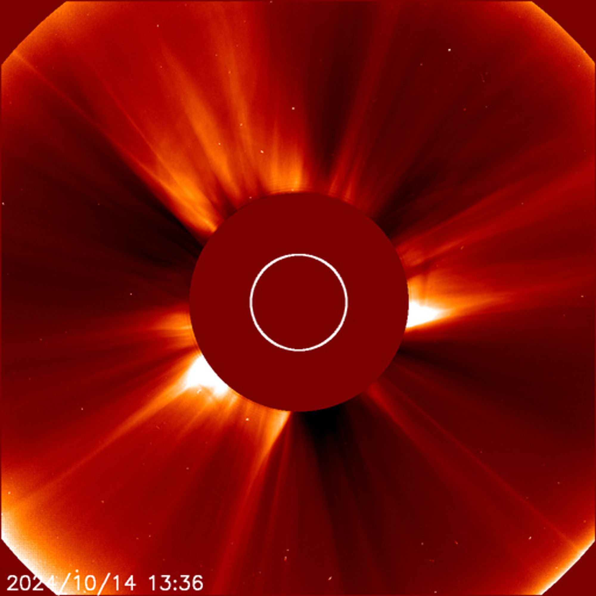 SOHO C2 coronagraph image showing the anti-tail of Comet Tsuchinshan-ATLAS as a thin bright streak.