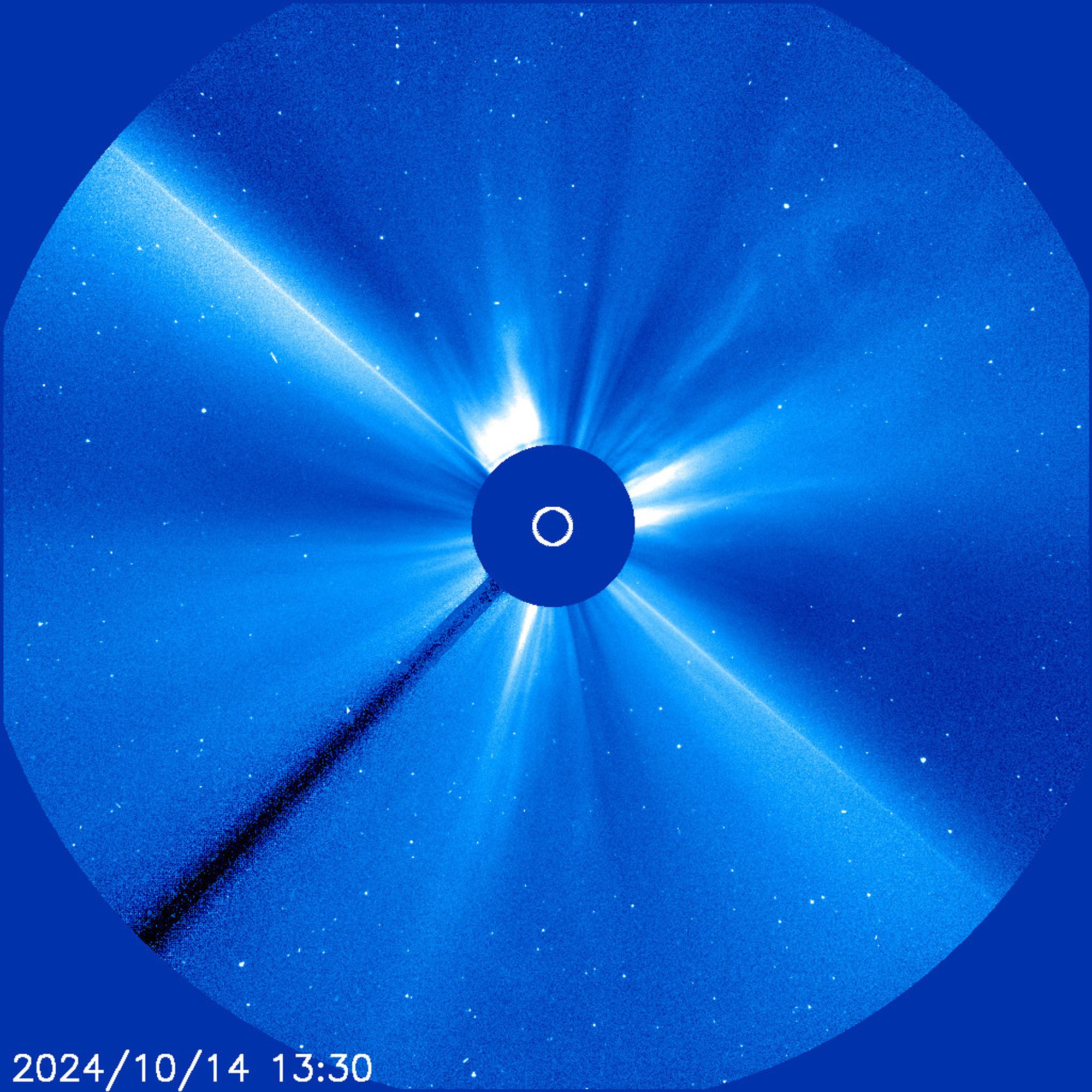 SOHO C3 coronagraph image showing the anti-tail of Comet Tsuchinshan-ATLAS as a thin bright streak.