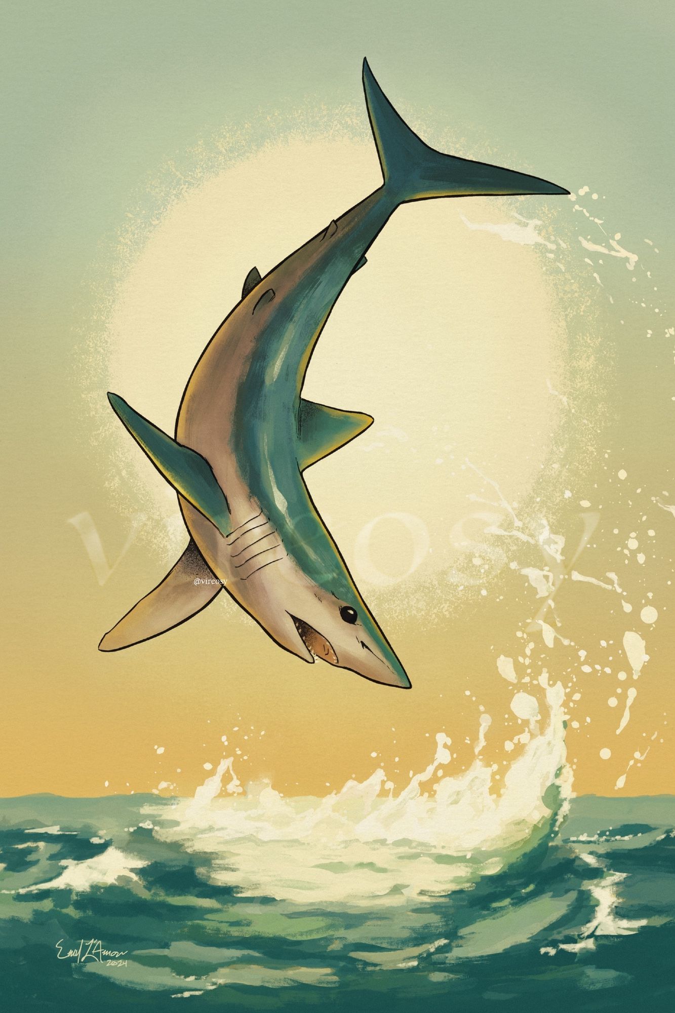 Rendered in a rough painterly style, a shortfin mako shark leaps from a calm ocean tail over head, sea foam trailing its body in a loose arc. The shark, looking nearly metallic, is rimmed with orange light as a pale yellow sun hangs in a hazy orange sky and frames its streamlined figure.