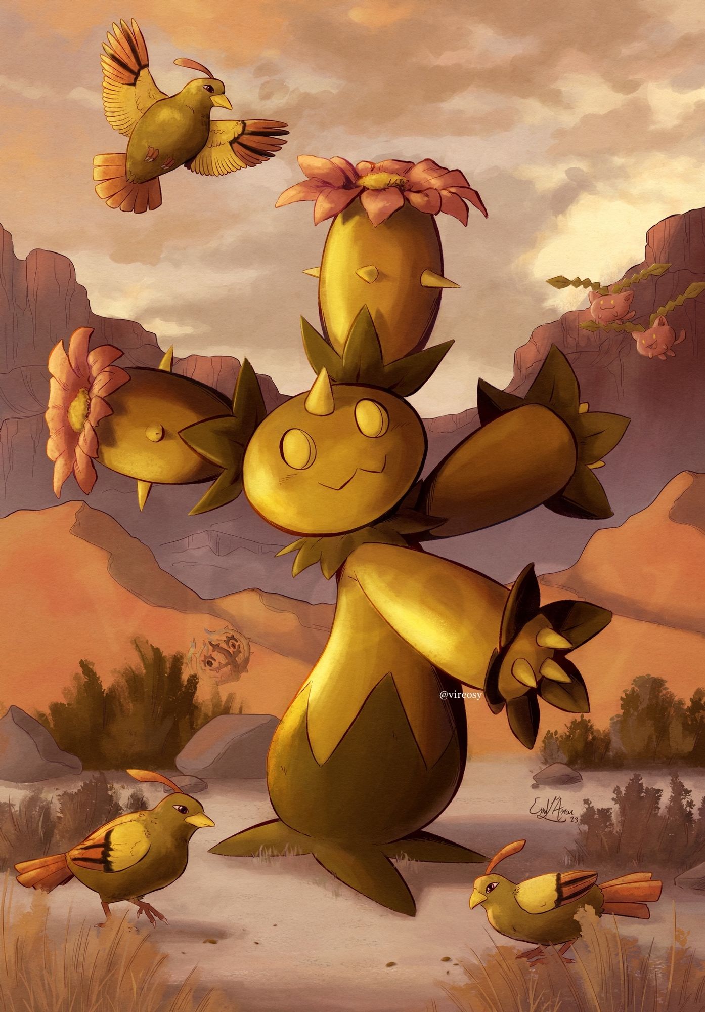 Pokémon fanart of Maractus in a desert landscape awash in golden sunset hues. A pair of Natu in a semi-realistic style pick around the ground nearby while a third flies near one of Maractus’ flowers. A Brambleghast and a pair of Hoppip flutter in the background, which recedes futher into ruddy clay colored hills and eventually a wall of towering sandstone cliffs.