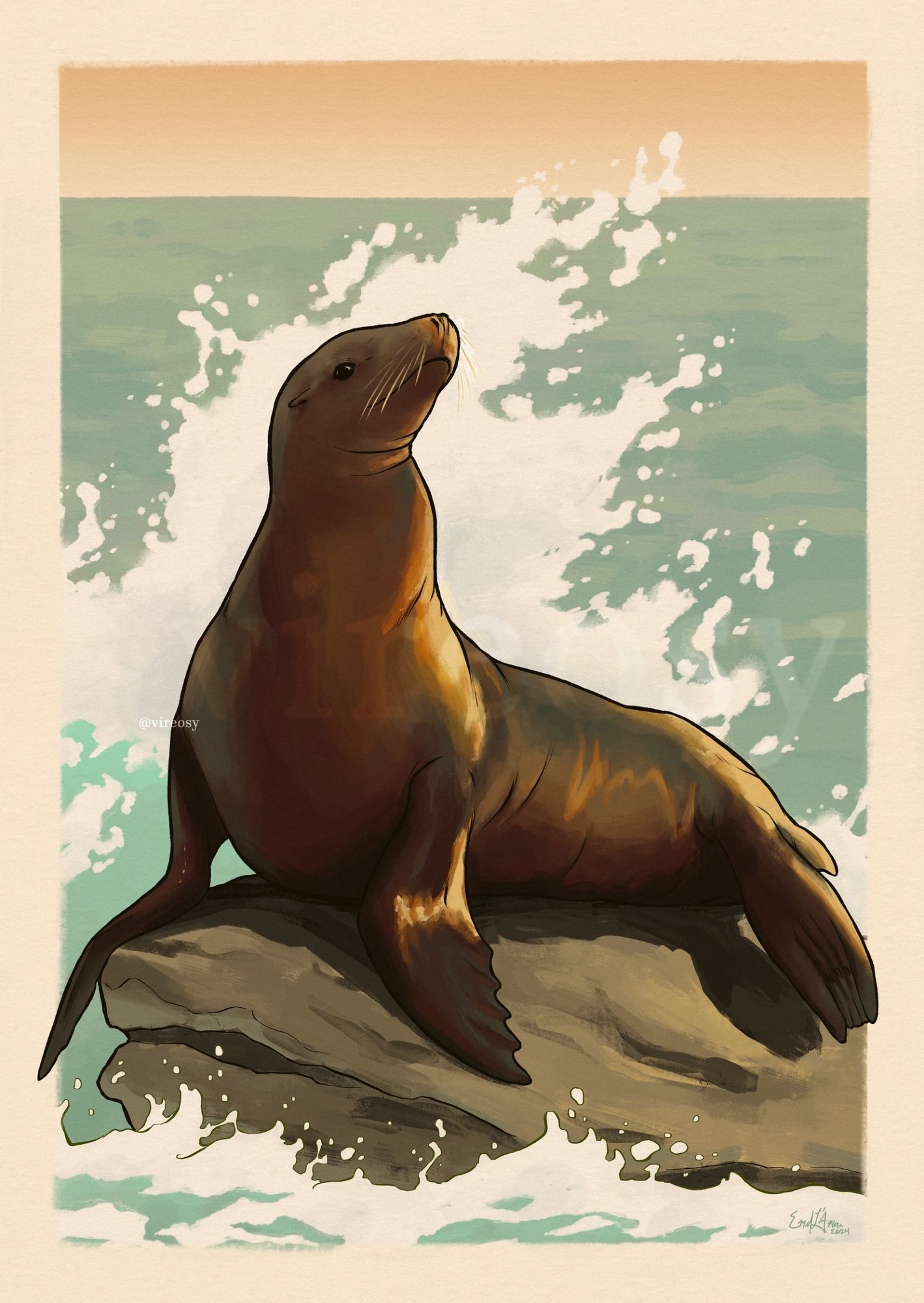 A California sea lion rendered in rich brown and orange tones rests upon a rock in teal shore waters below a softly glowing orange sky. Its slender head is raised to look over its back and to the right while large a crest of white seafoam frames its figure.